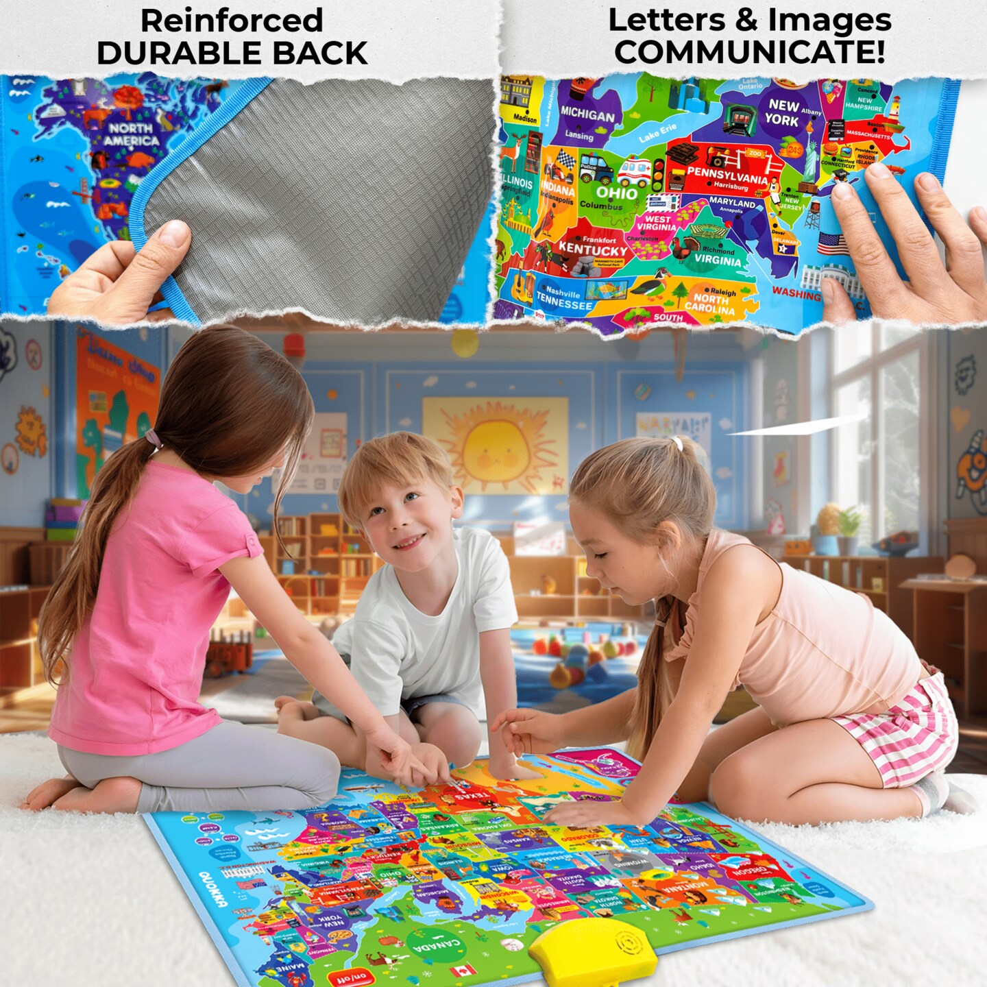 QUOKKA Educational Toys for Kids 5-7 Year Old - USA World Maps  Learning Wall Chart for Toddlers Age 3 4 6+ - Interactive Speech Therapy Poster Boy Girl - Autism Game 8-10-12