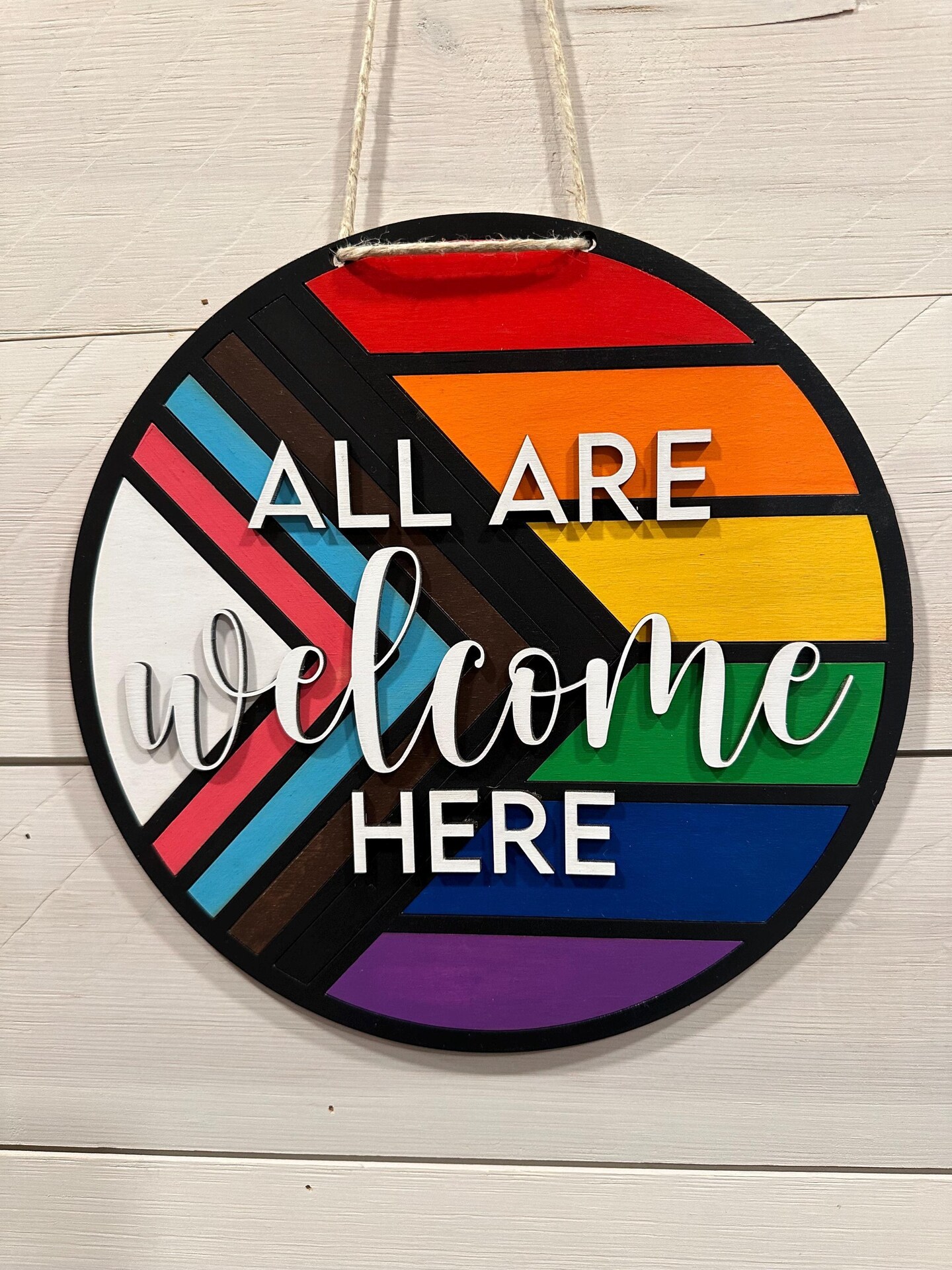11.5" All Are Welcome Progress Pride Hanging Sign | Pride Home Decor