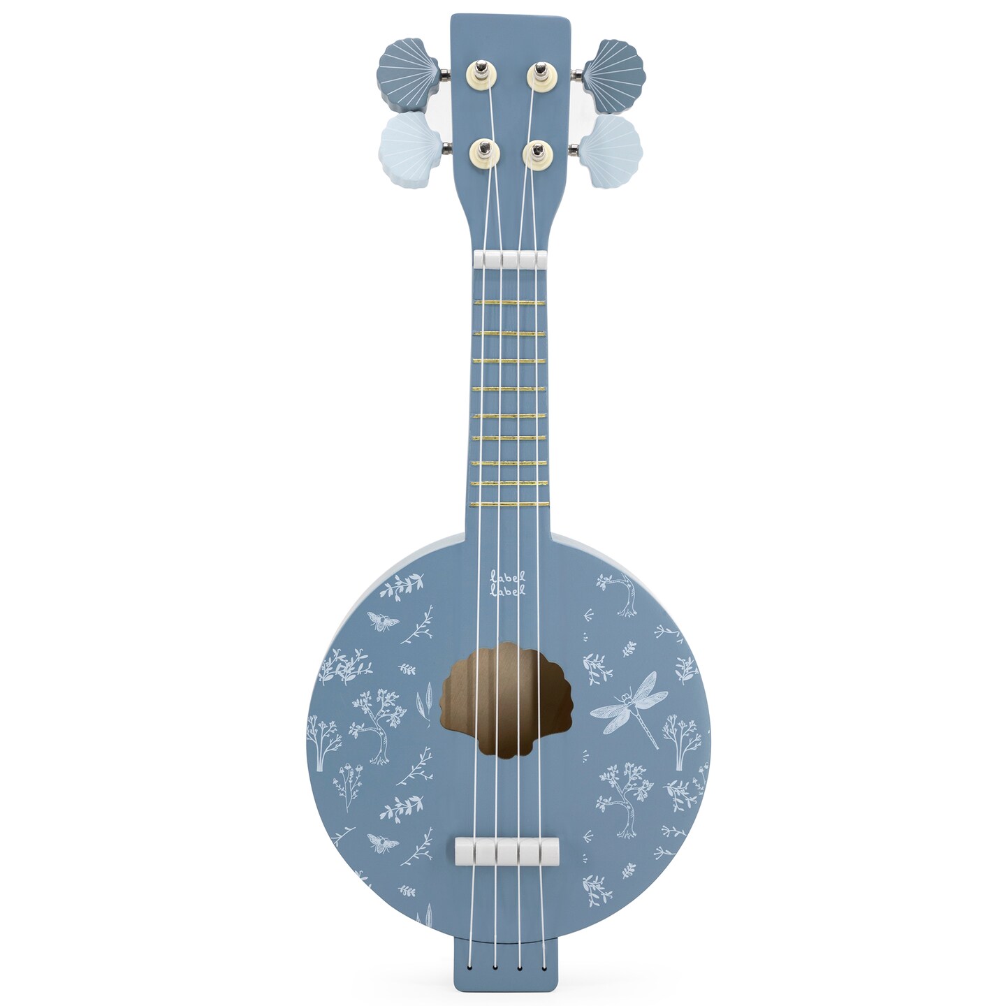 Label Label: Wooden Banjo - Blue - Musical Instrument Toy, 4 High-Quality Strings, Tuning Pegs, Classic Sound, Seashell &#x26; Nature Design, Kids Ages 3+