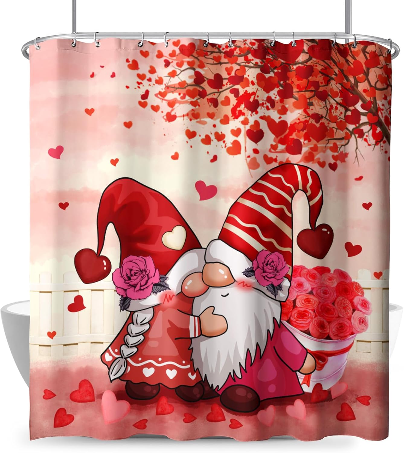 Valentines Day Gnomes Shower Curtains Love Heart Shower Curtain for Bathroom Pink Red Valentines Farmhouse Bathroom Curtain Home Decor Polyester 72x72 in with Hooks