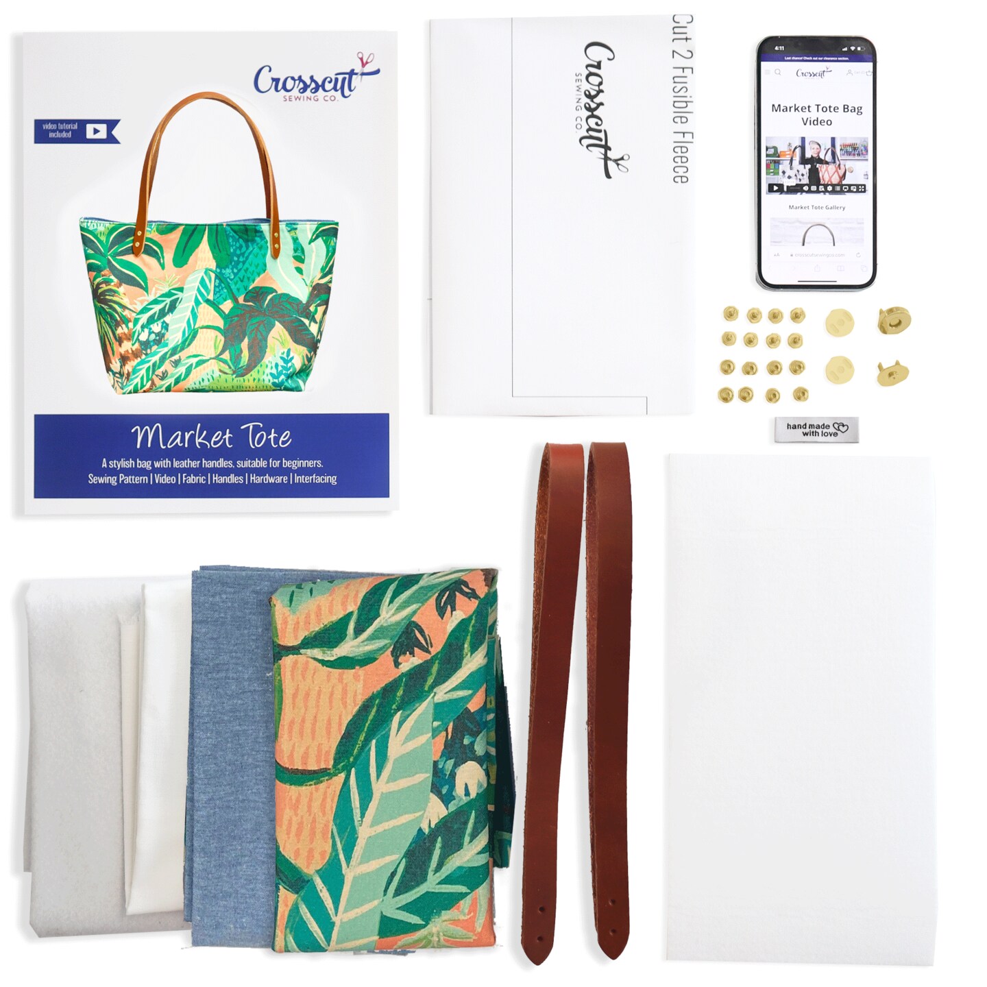 Crosscut Sewing Co.&#xAE; Market Tote Bag Sewing Project Kit for Beginners with Fabric, Instructions and Video