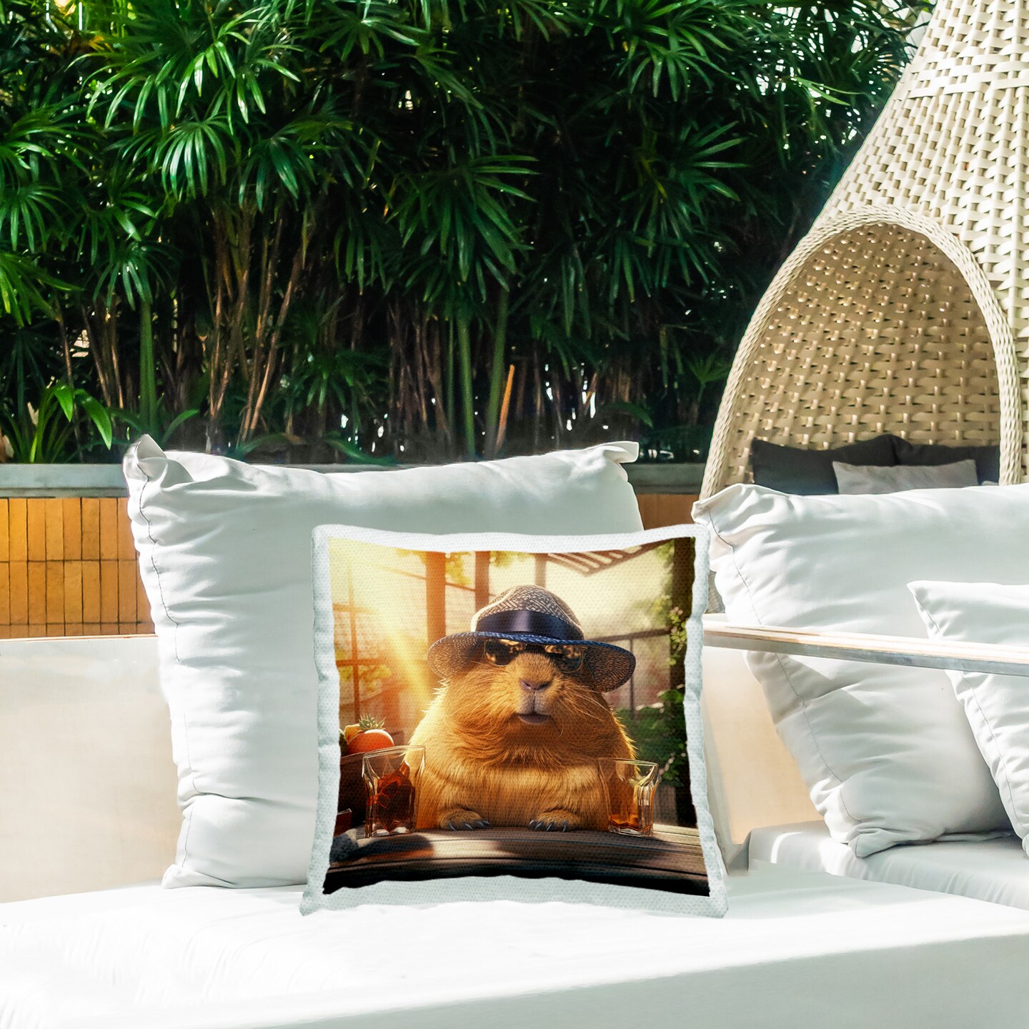 Capybara at Brewery Design by Jim Baldwin Outdoor Printed Pillow