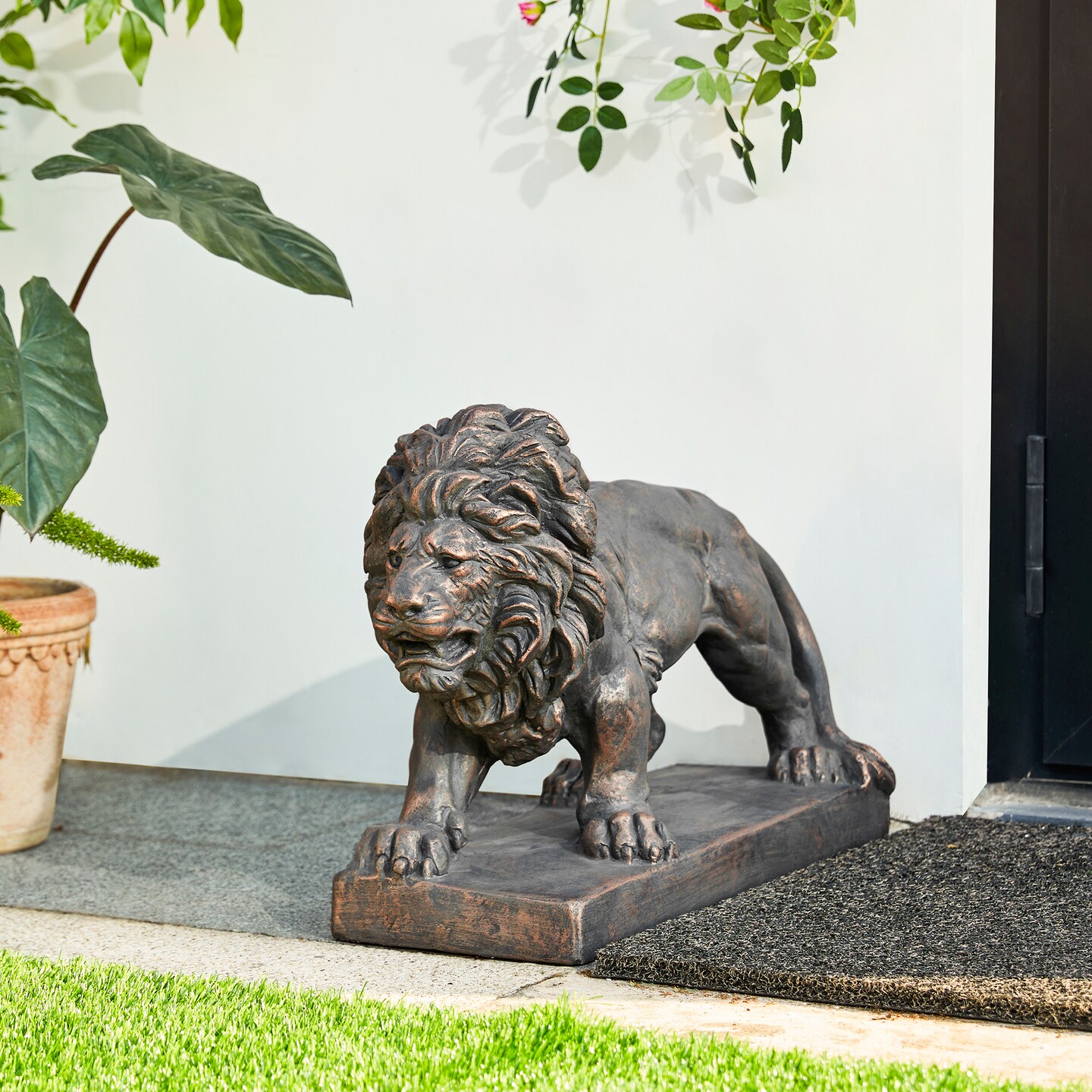 Set of 2 24.5&#x22;L MGO Bronze/Black Walking Lion Garden Statue