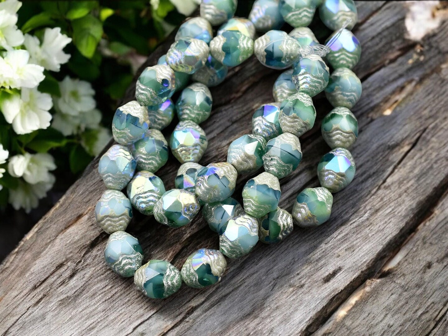 *15* 6x8mm Antique Silver AB Washed Blended Green & Blue Oval Cathedral Beads
