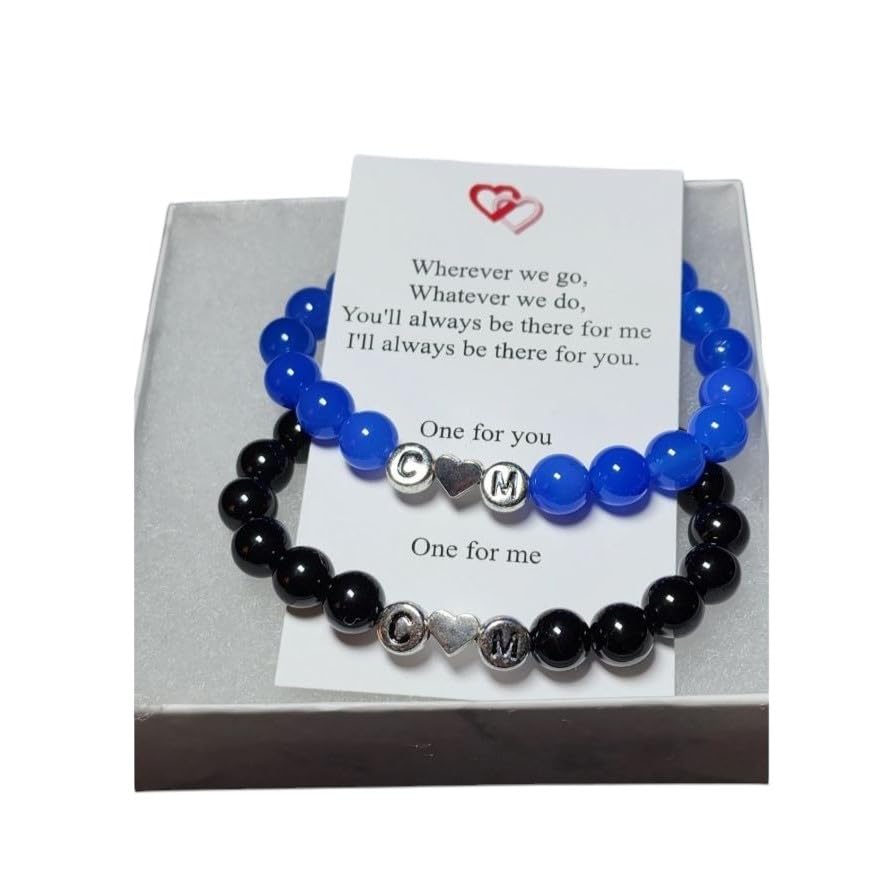 Personalized Initial Magnetic Couples Bracelet Set Blue Agate And Black Onyx