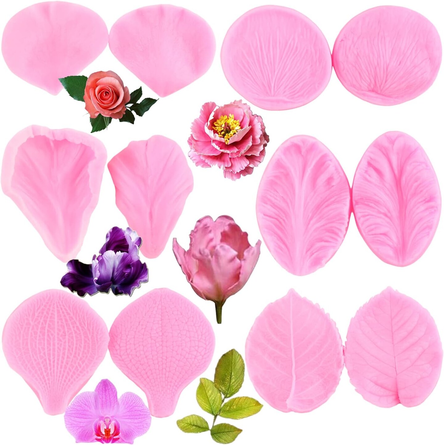Gumpaste Flower Silicone Veining Mold Fondant Rose Veined Mold Gum Paste Peony Flower Mold Orchid Rose Leaf Molds For Sugar Cake Decorating Cupcake Topper Candy Polymer Clay Set Of 6