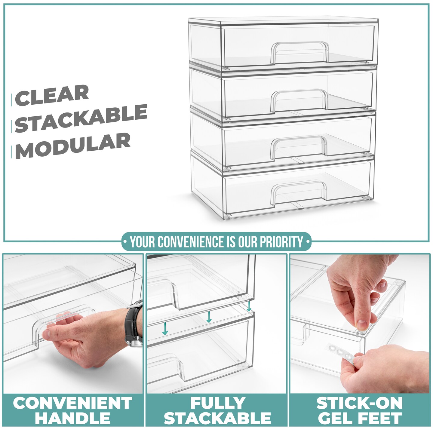 Sorbus Acrylic Storage Containers with Pull-Out Drawers - 4 Pack 12&#x201D; Long Clear Stackable Storage Bins Set