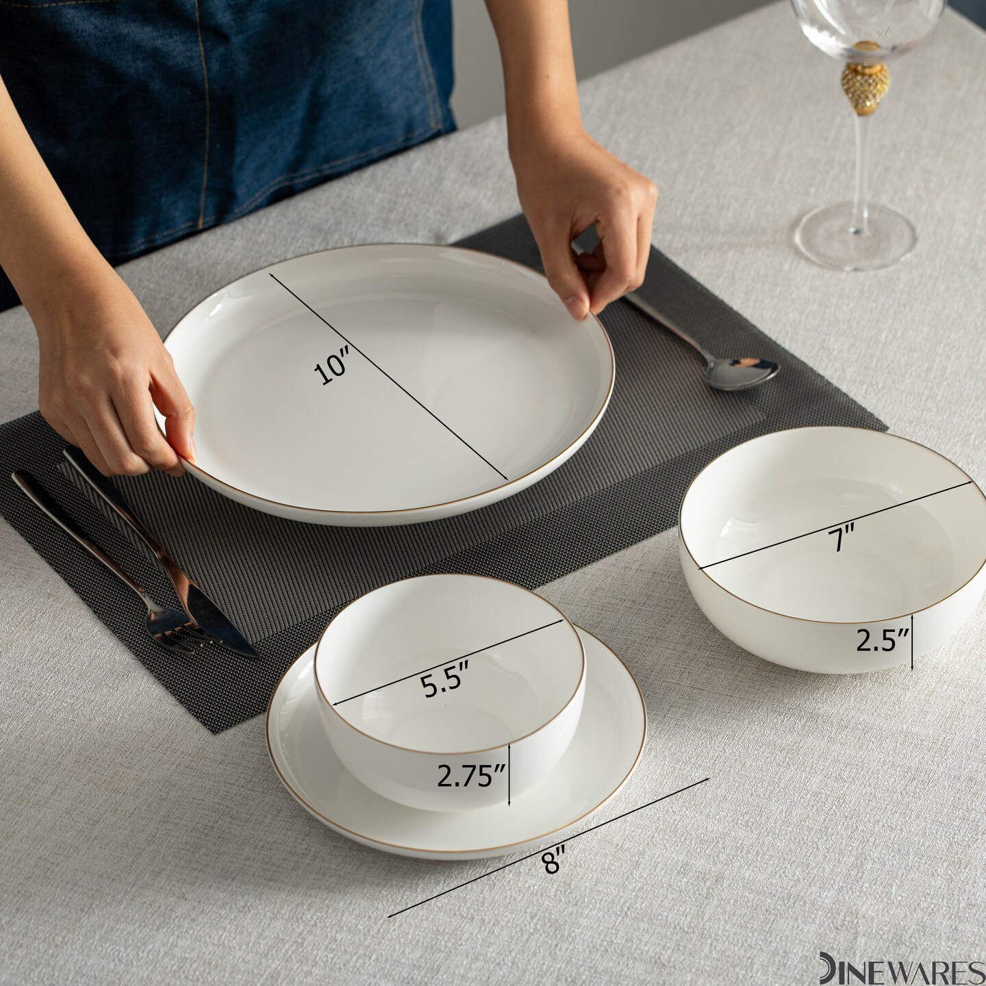 Perlaceo Luxurious Collection of White with Gold Rim Bone China Dinnerware Set - Lightweight and Durable - Service for 4 or 8, Including Dinner Plates, Salad Plates, and Cereal or Soup Bowls