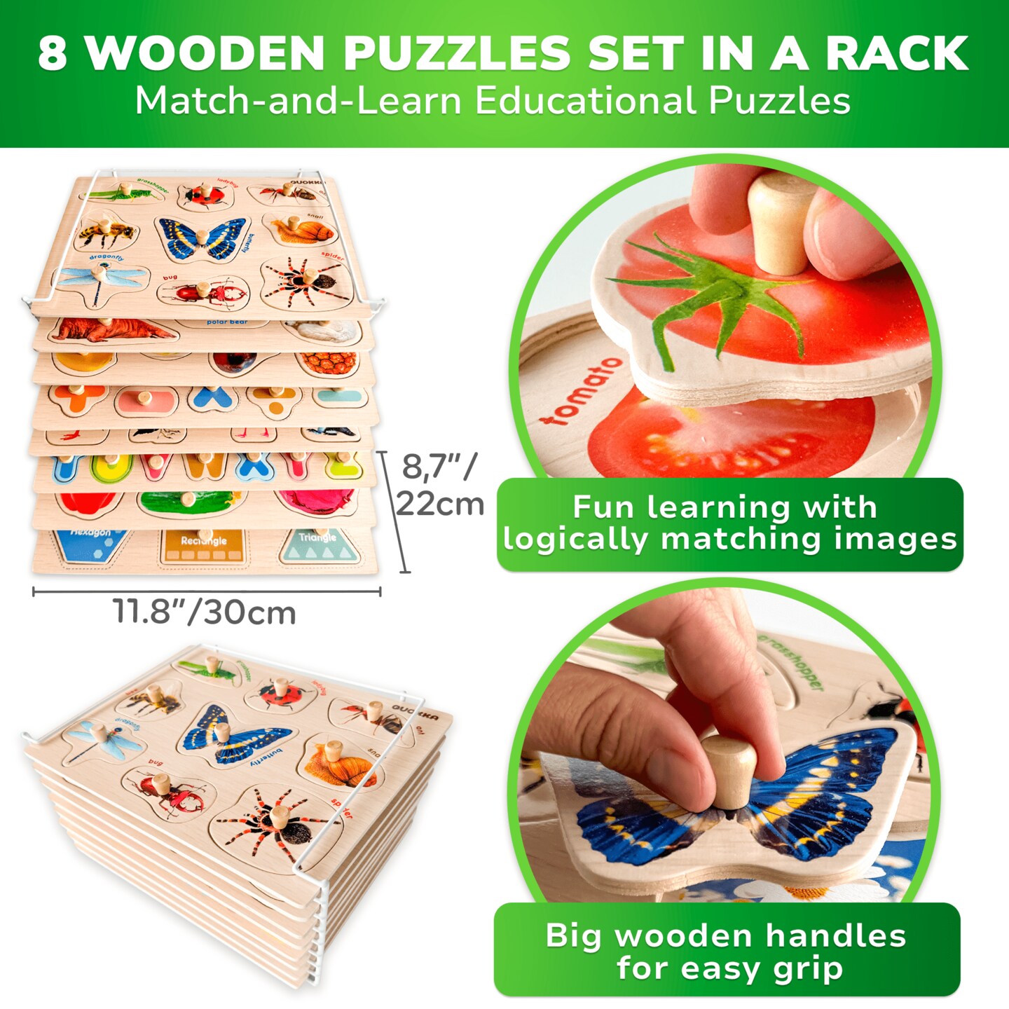 8 Pack Rack Wooden Puzzles for Toddlers| ABC, Numbers &#x26; Animals