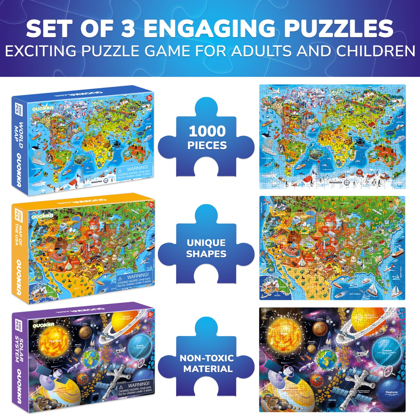 1000 Pcs Puzzles for Adults 3 Set | USA, World Maps &#x26; Space