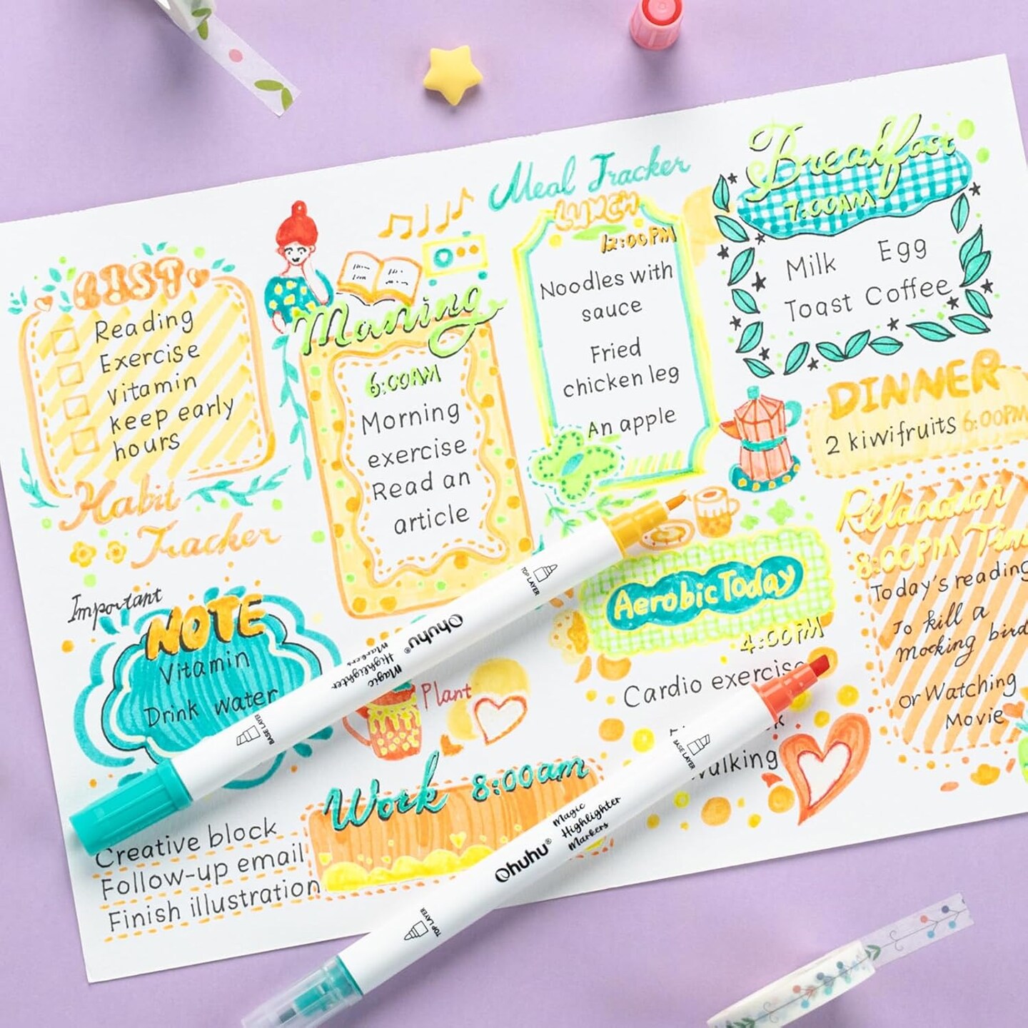 Ohuhu Markers Highlighters 16 Pack 32 Colors Dual Tips Double Colors Chisel &#x26; Fine Water-Based Highlighters Assorted Colors for Journaling Office School Supplies Bible Note Taking