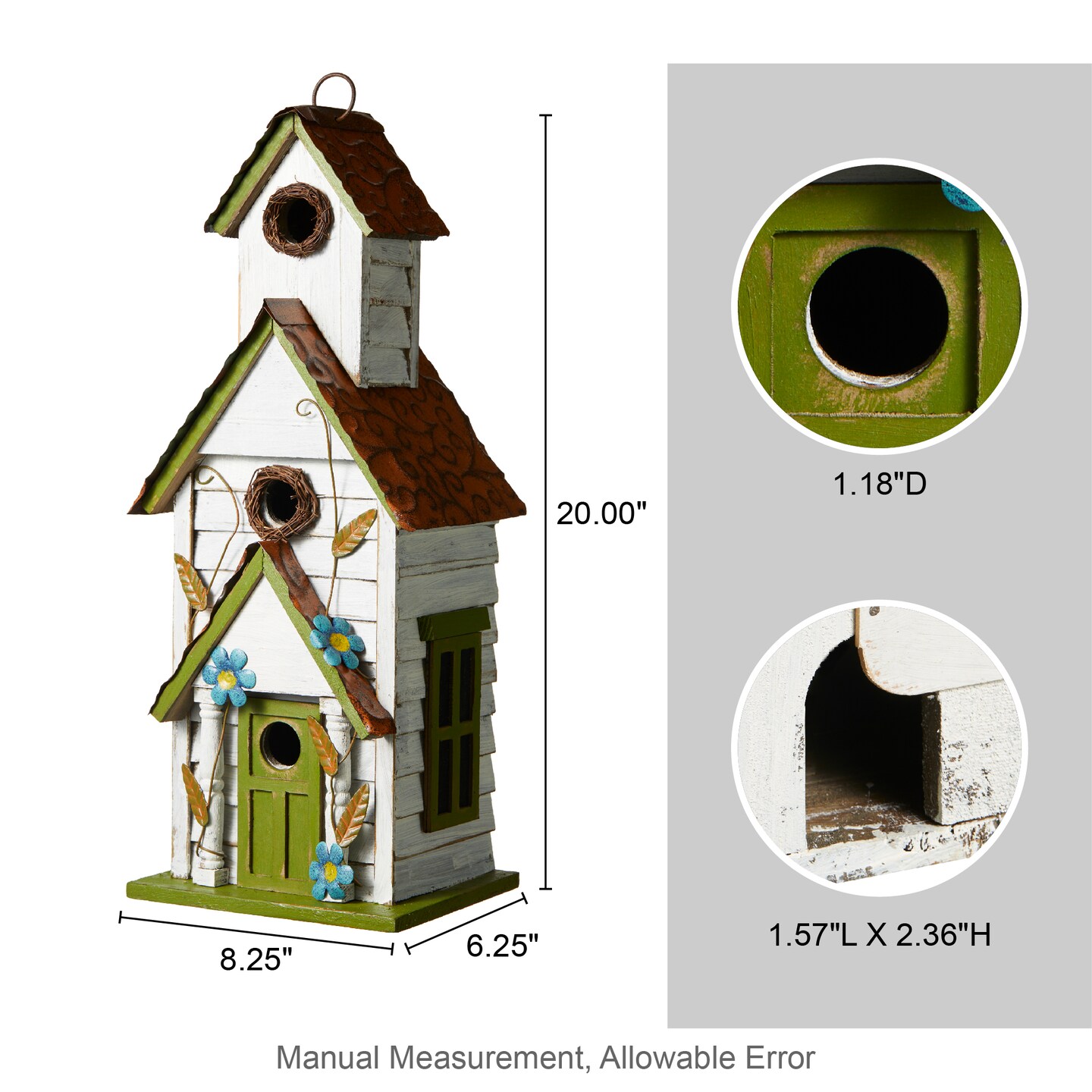 Set of 2 20"H Oversized White and Green Distressed Solid Wood 3-Story Villa Decorative Outdoor Garden Birdhouse