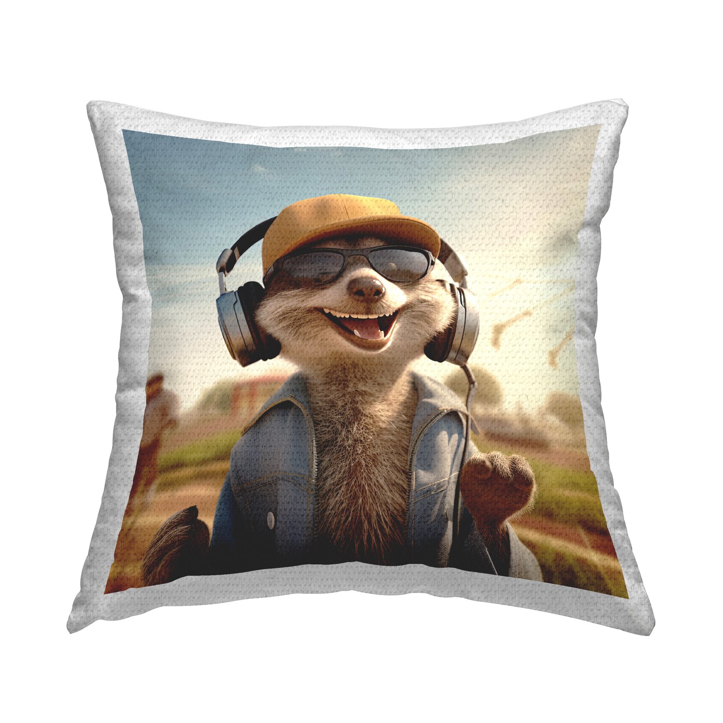 Fox Jamming with Headphones Design by Jim Baldwin Outdoor Printed Pillow 