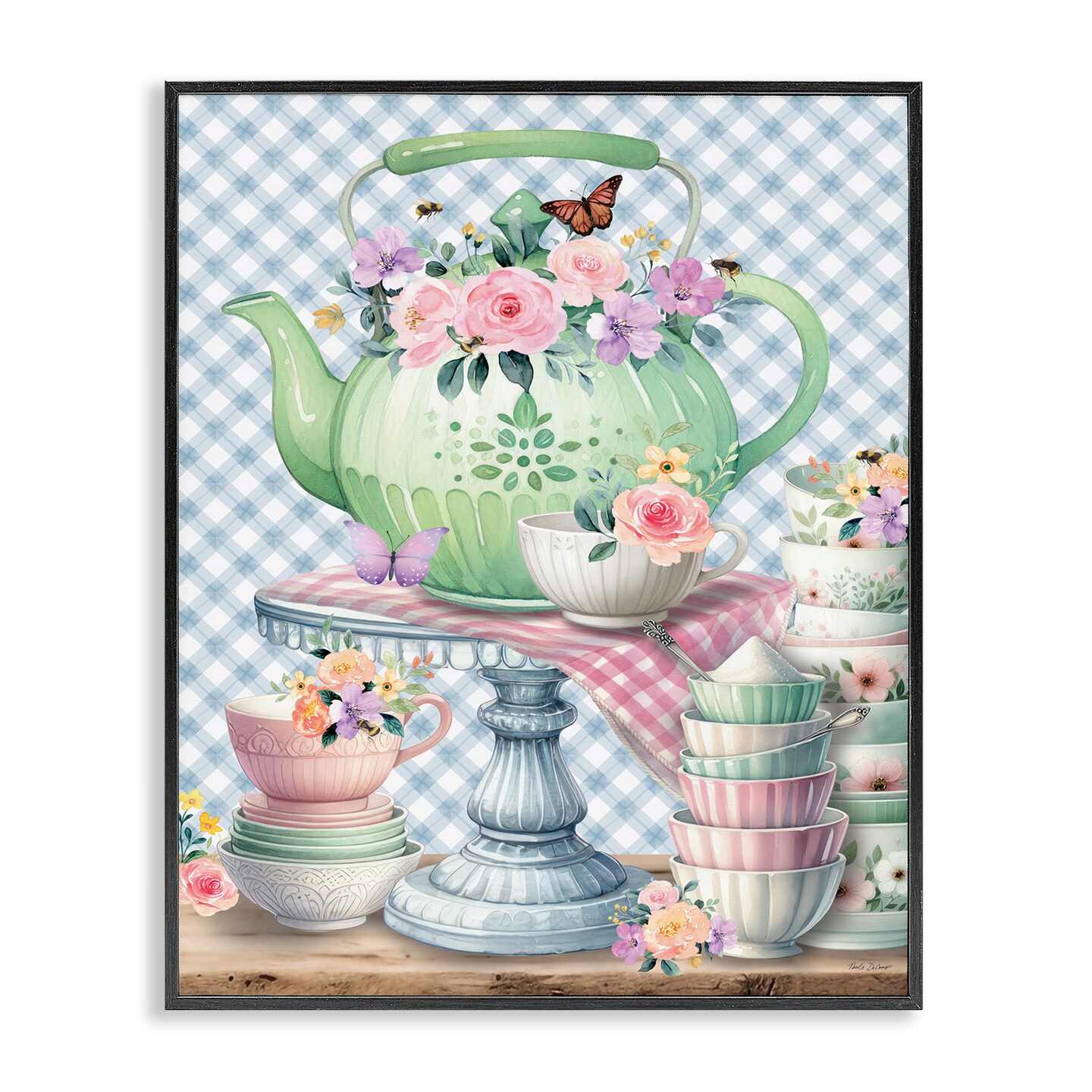 Stupell Industries Tea Kettle on Gingham Framed Giclee Wall Art Design by Nicole DeCamp