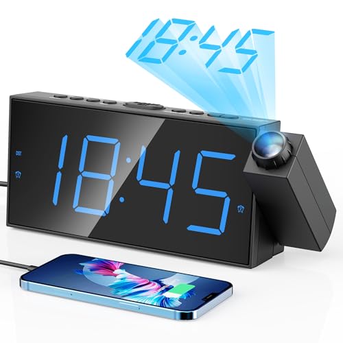 Large LED Display, 180° Rotatable Projector, 5-Level Dimmer,USB Charger,Battery Backup,Loud Dual Alarms for Kids Elderly,Heavy Sleepers,Snooze,12/24H,DST