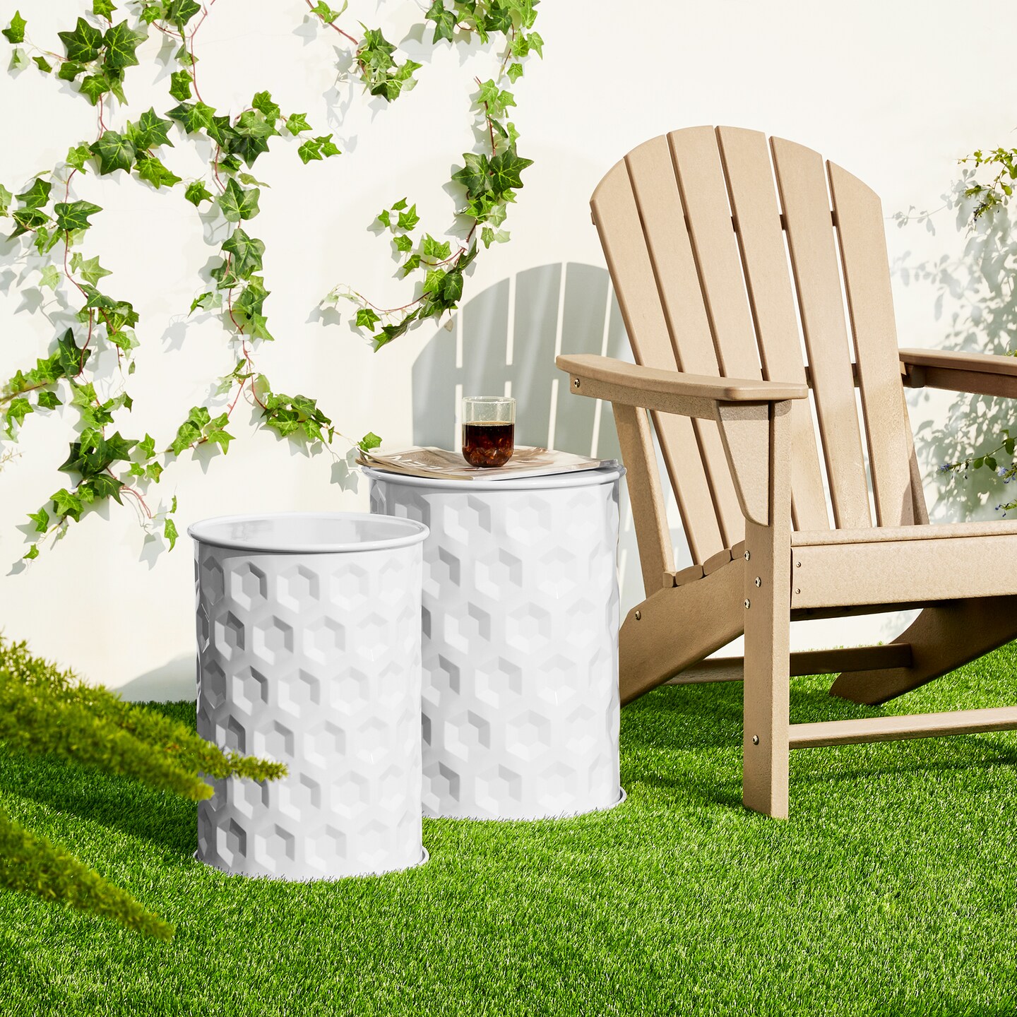 Set of 2 Embossed Honeycomb Texture Cylindrical Metal Garden Stool