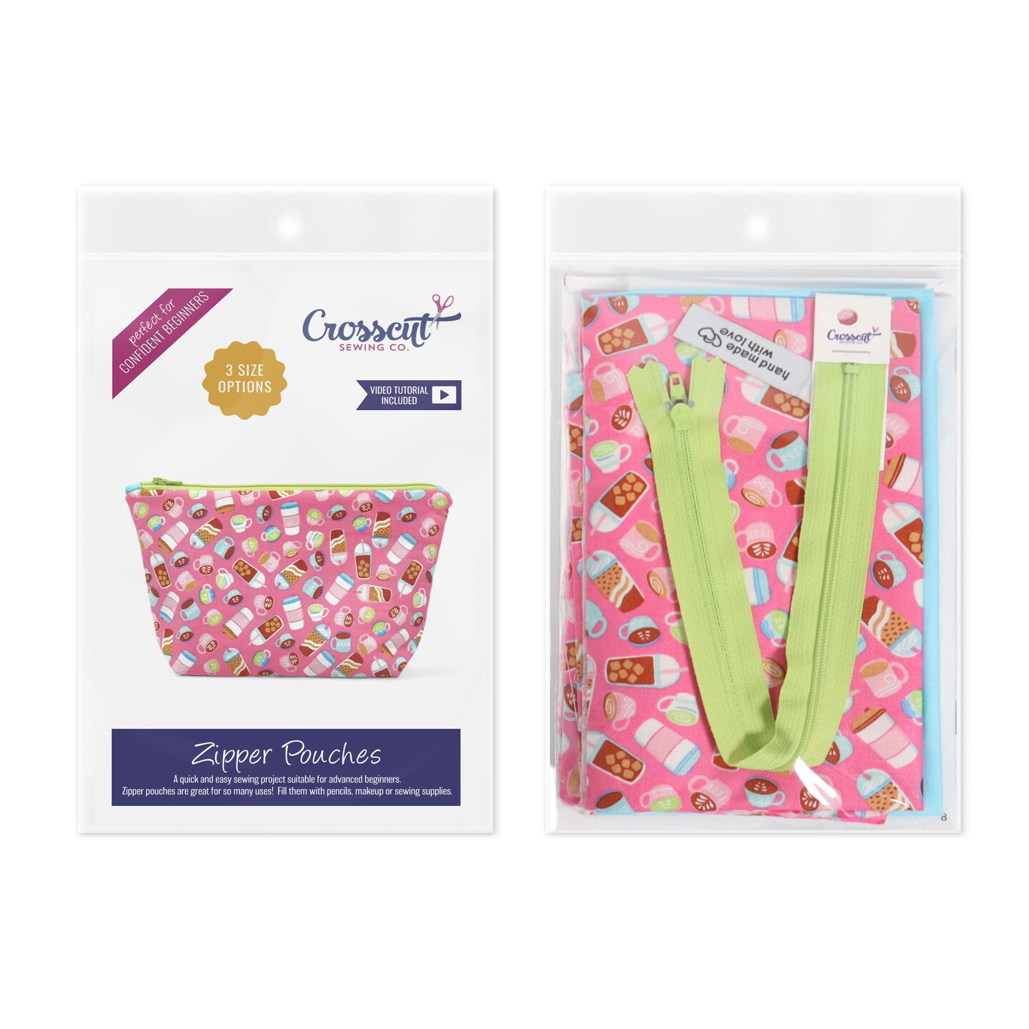 Crosscut Sewing Co.&#xAE; Zipper Pouch Sewing Project Kit for Beginners with Fabric, Instructions and Video