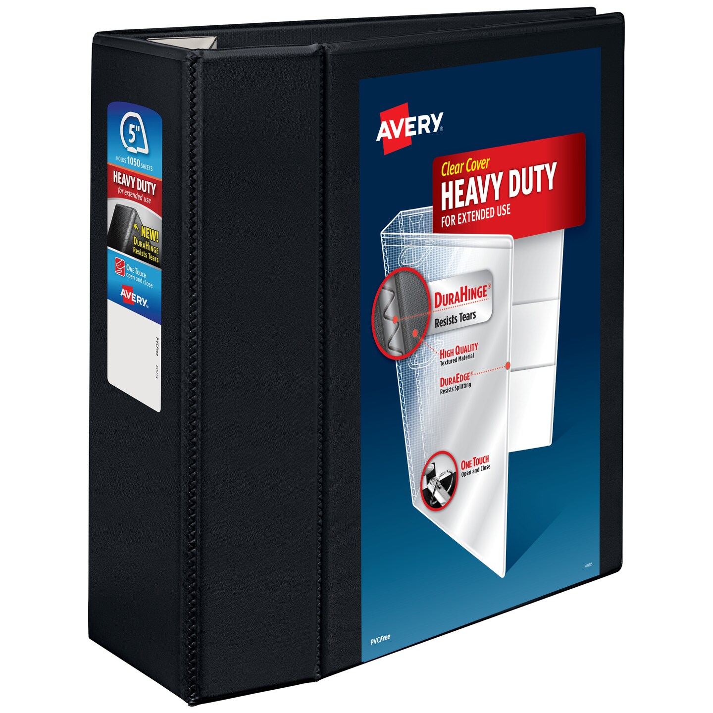 Avery Heavy-Duty View 3 Ring Binder, 5 Inch One Touch EZD Rings, 1,050-Sheet Capacity, 2.3/4.8 Inch Wide Spine, Customizable Clear Cover and Spine, 1 Black Binder (79606)