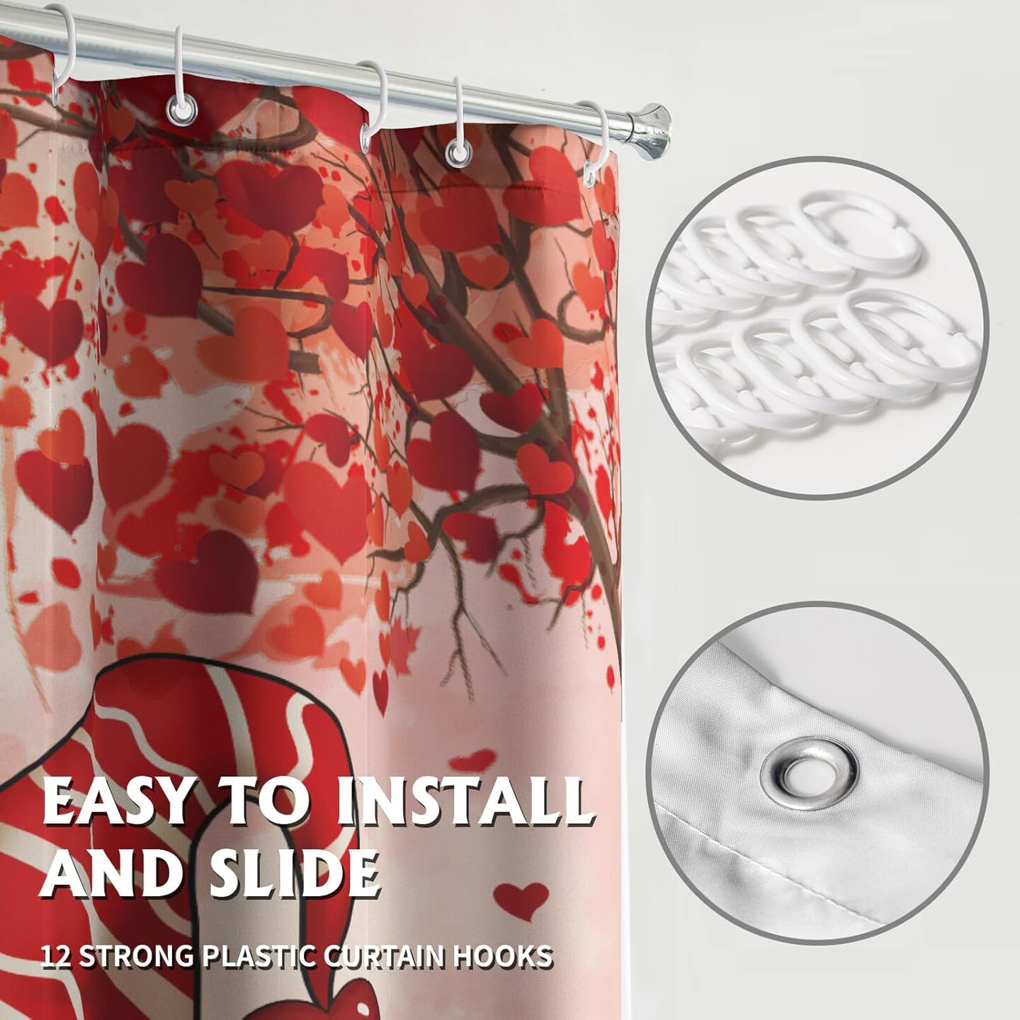 Valentines Day Gnomes Shower Curtains Love Heart Shower Curtain for Bathroom Pink Red Valentines Farmhouse Bathroom Curtain Home Decor Polyester 72x72 in with Hooks