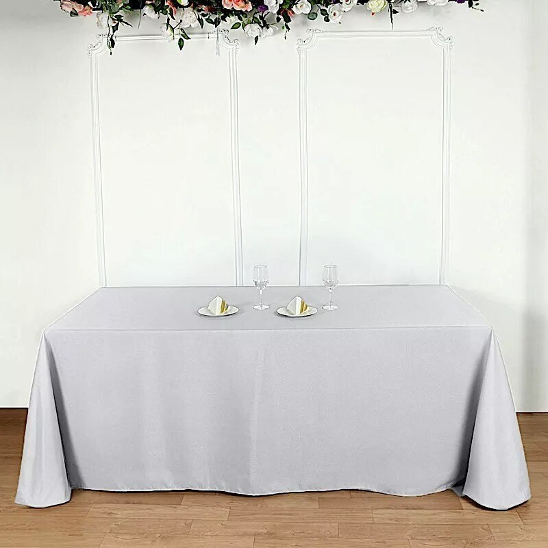 90x156-Inch SILVER RECTANGULAR Polyester Tablecloths Reception Catering Wedding