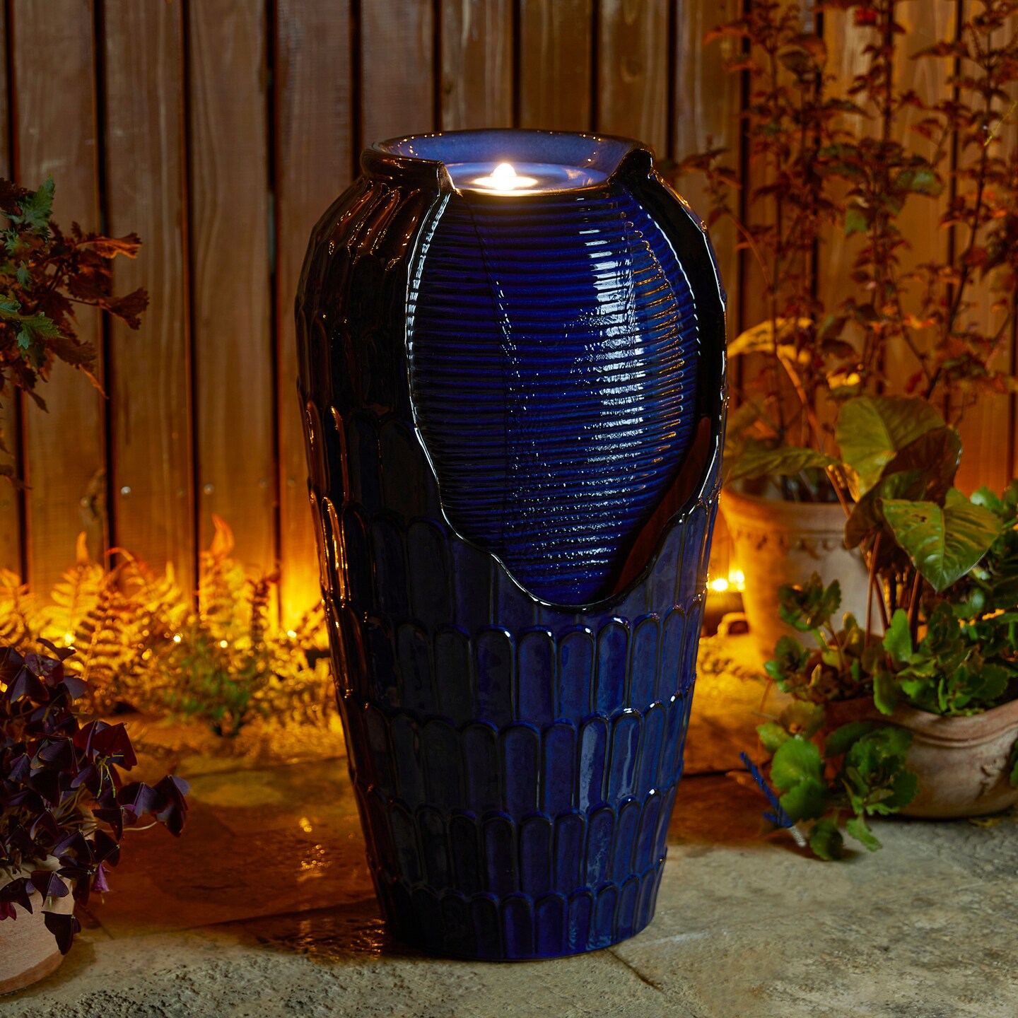 28.25&#x22;H Oversized Petals Textured Ceramic Jar Outdoor Floor Fountain with Pump and LED Light