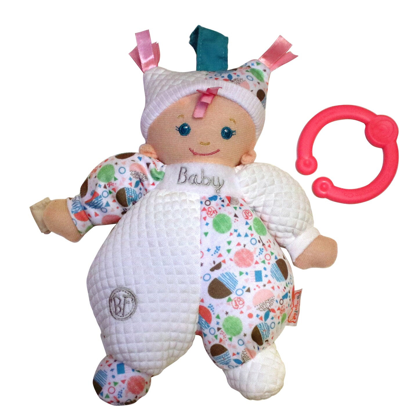 Baby&#x27;s First: Hug &#x26; Luv Baby Doll - Quilted White &#x26; Colorful Outfit, Attachable C-Ring, Machine Washable, Soft Cuddly Toy, Baby-Toddler-Kids Age 3 mo+