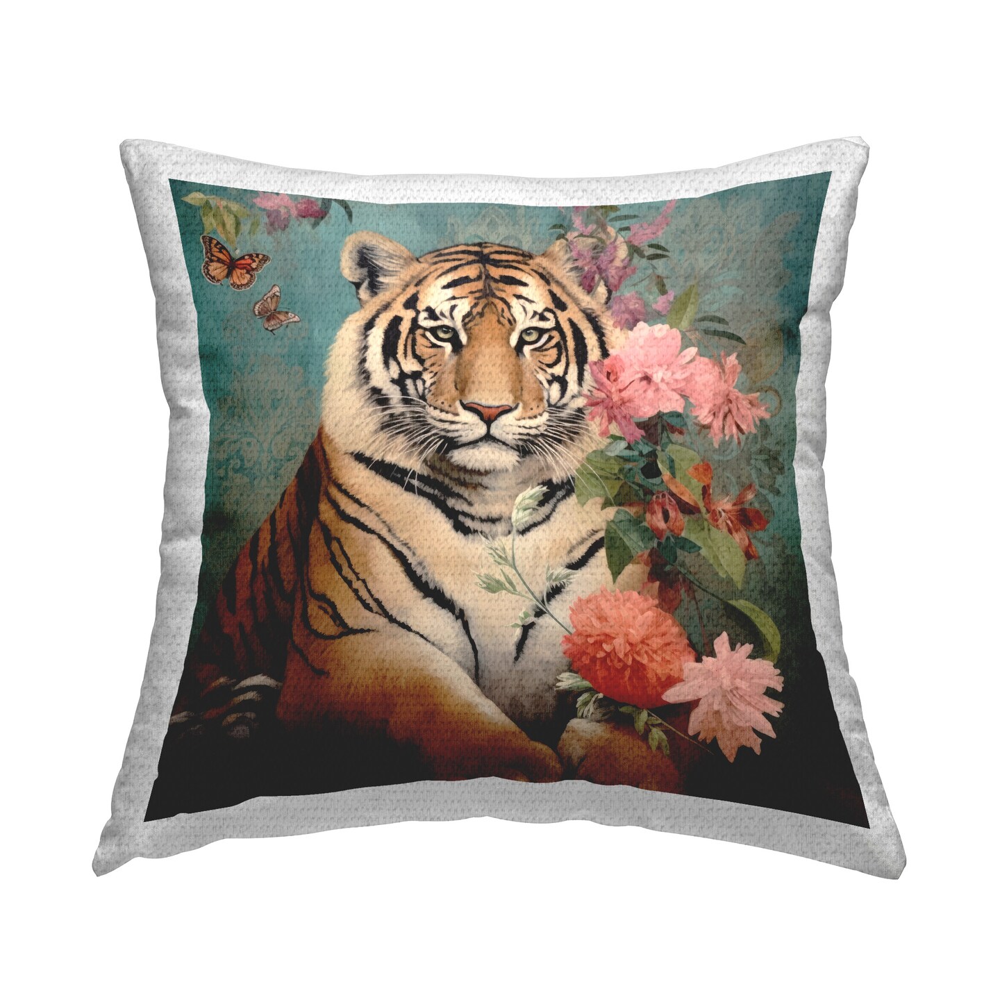 Tiger with Flower Bunches Design by Lazar Studio Outdoor Printed Pillow 