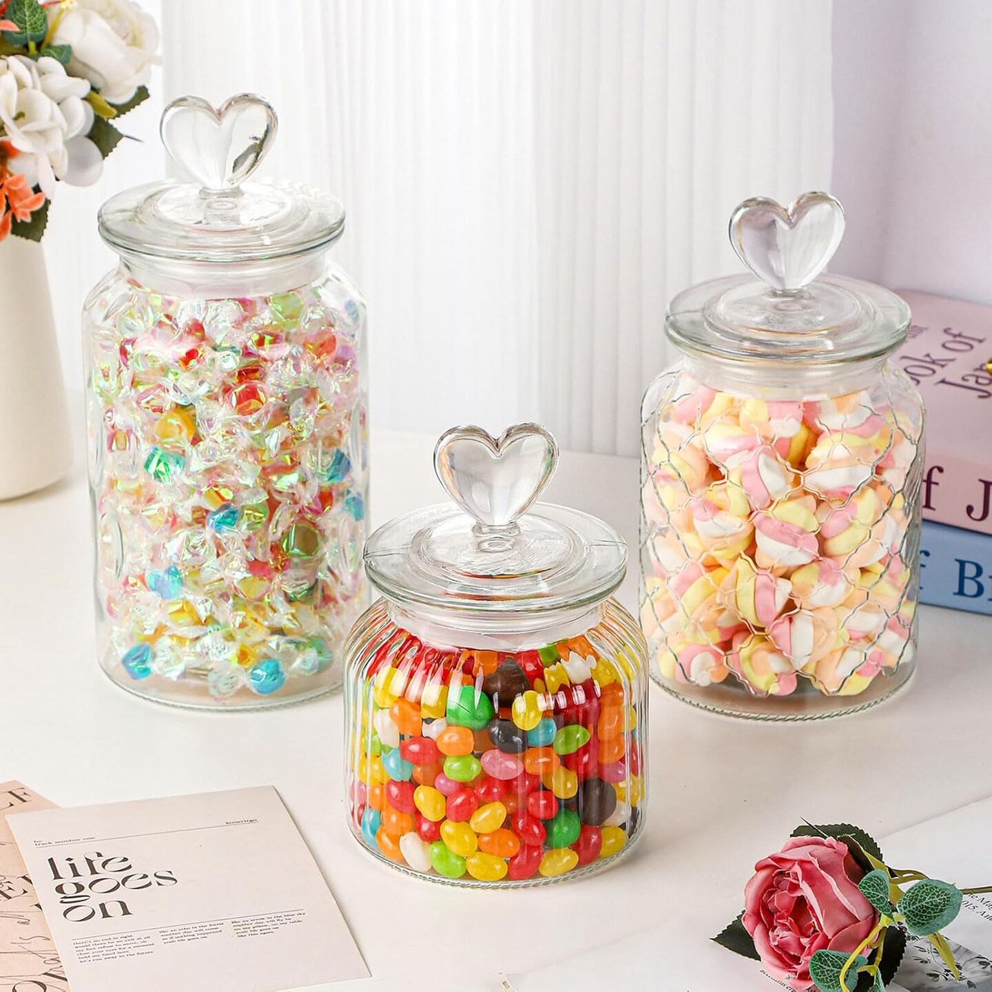Set of 2 Airtight Glass Jars Decorative Jars, 45oz Jar of Hearts Cute Cookie Jar Decorative Jars with Lids Candy Jars for Candy Buffet Heart Shaped Lid - Grids Textured