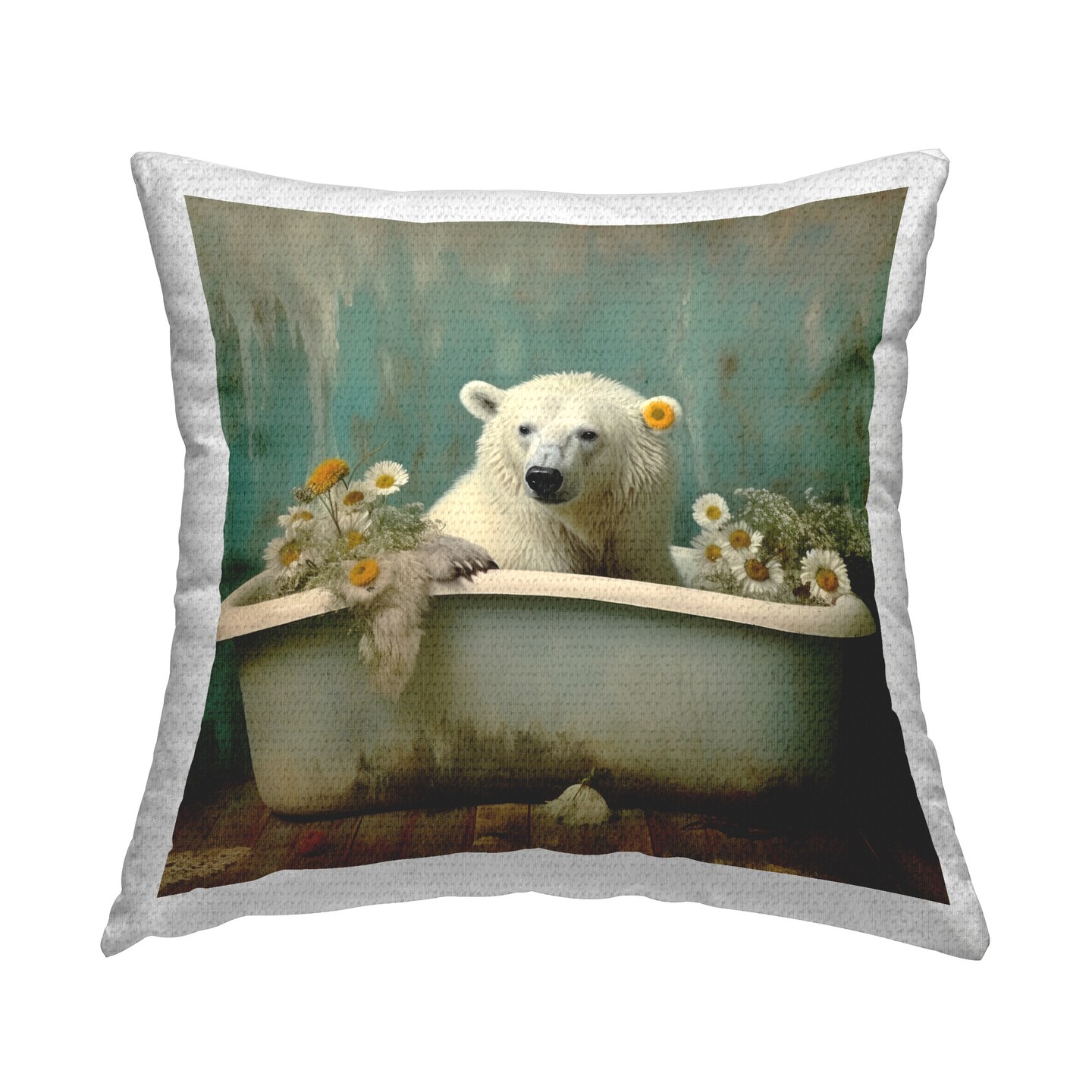 Polar Bear in Daisy Tub Design by Lazar Studio Outdoor Printed Pillow