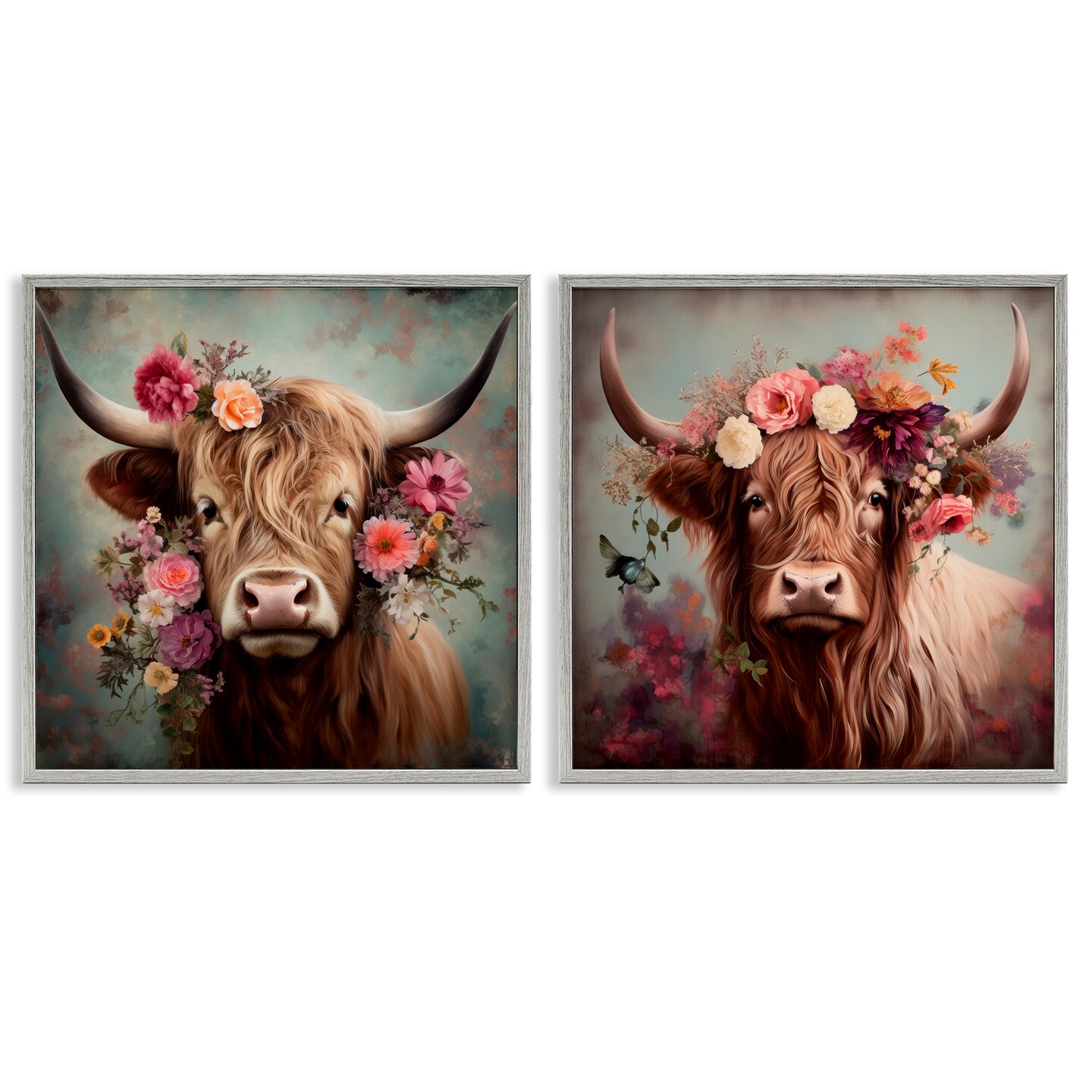 Stupell Industries Highland Cow Field Flower Crown 2 pc Framed Giclee Wall Art Set Design by Irena Orlov