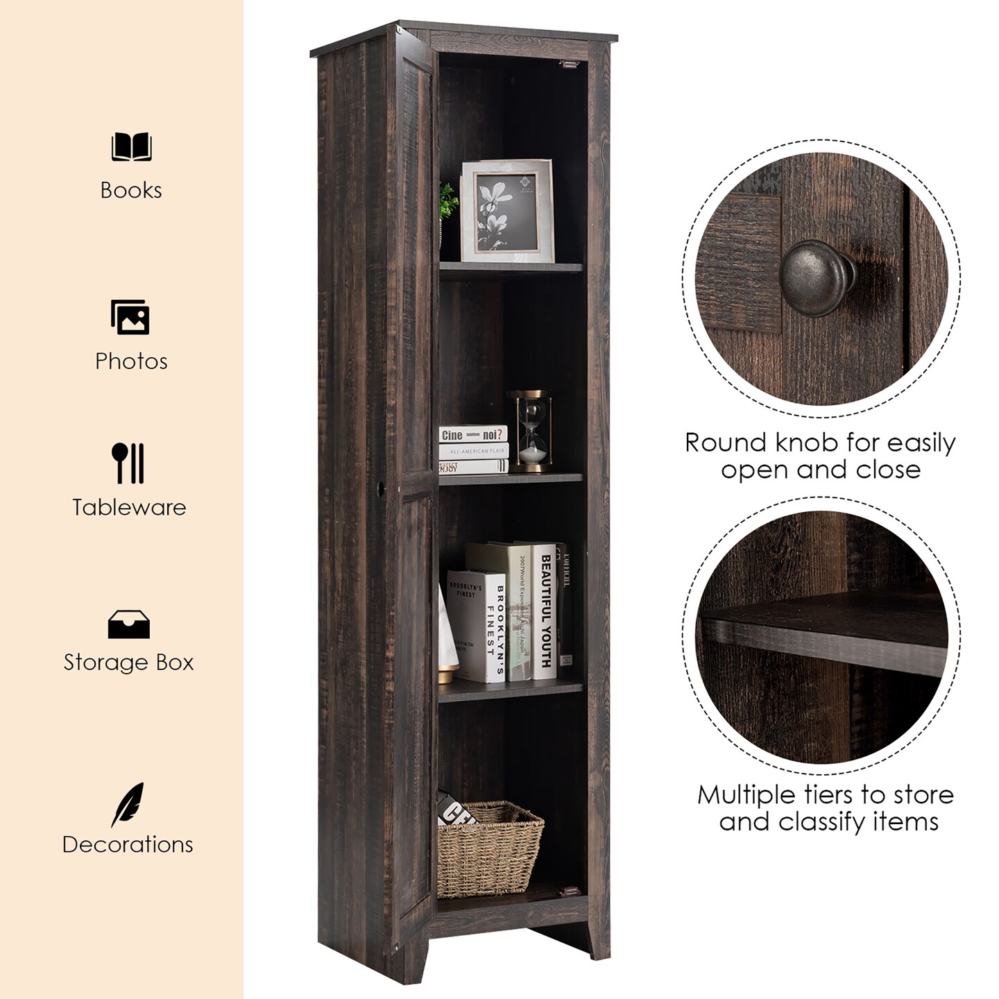 Costway Linen Tower Bathroom Storage Cabinet Tall Slim Side Organizer w/ Shelf White\ Black\Walnut