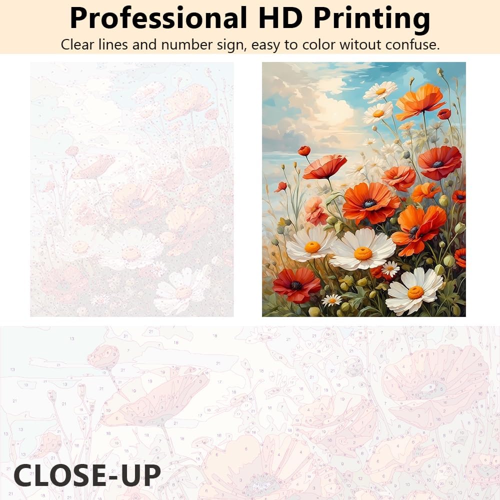 Paint by Numbers for Adults Flowers - Poppies Paint by Number Kids Paint by Number Landscape Paint by Numbers for Adults Beginner Acrylic Adult Paint by Number Kits On Canvas, 16&#x22;x20&#x22;