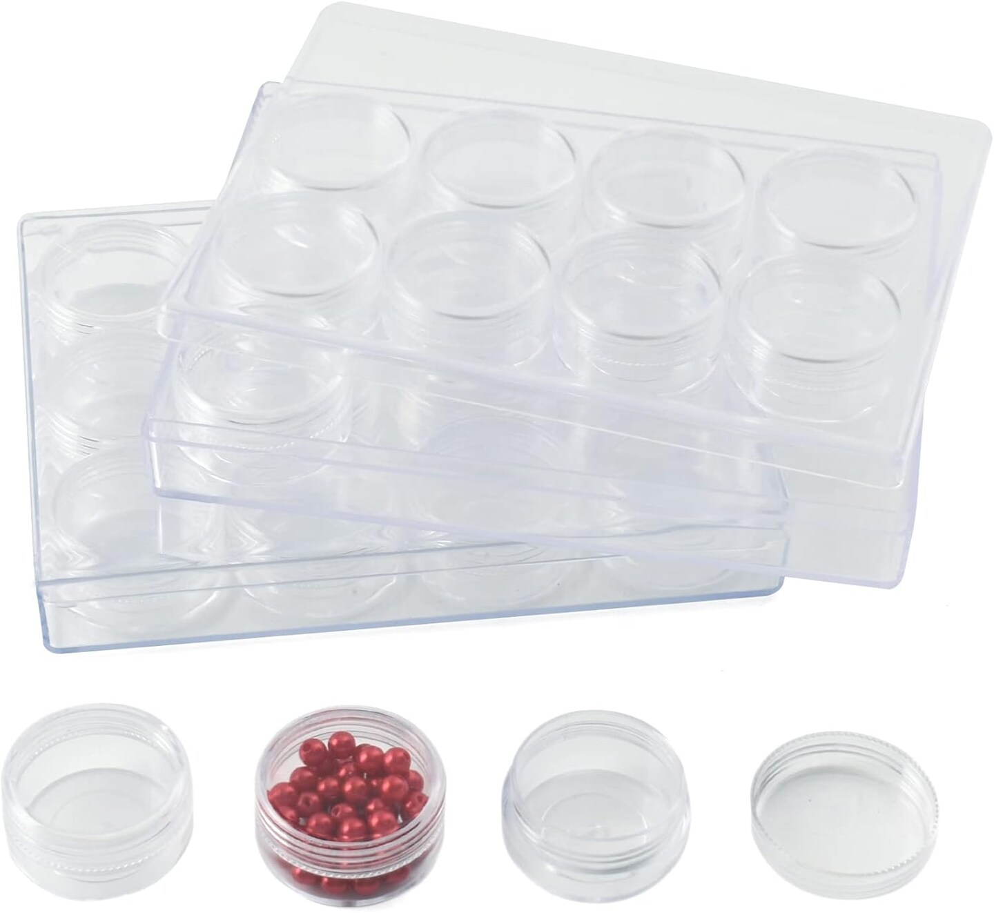 Clear Plastic Bead Storage Containers Round 24 Grids Transparent Organizer Jars for Diamond Pigments Glitters Cosmetics Sample Jar