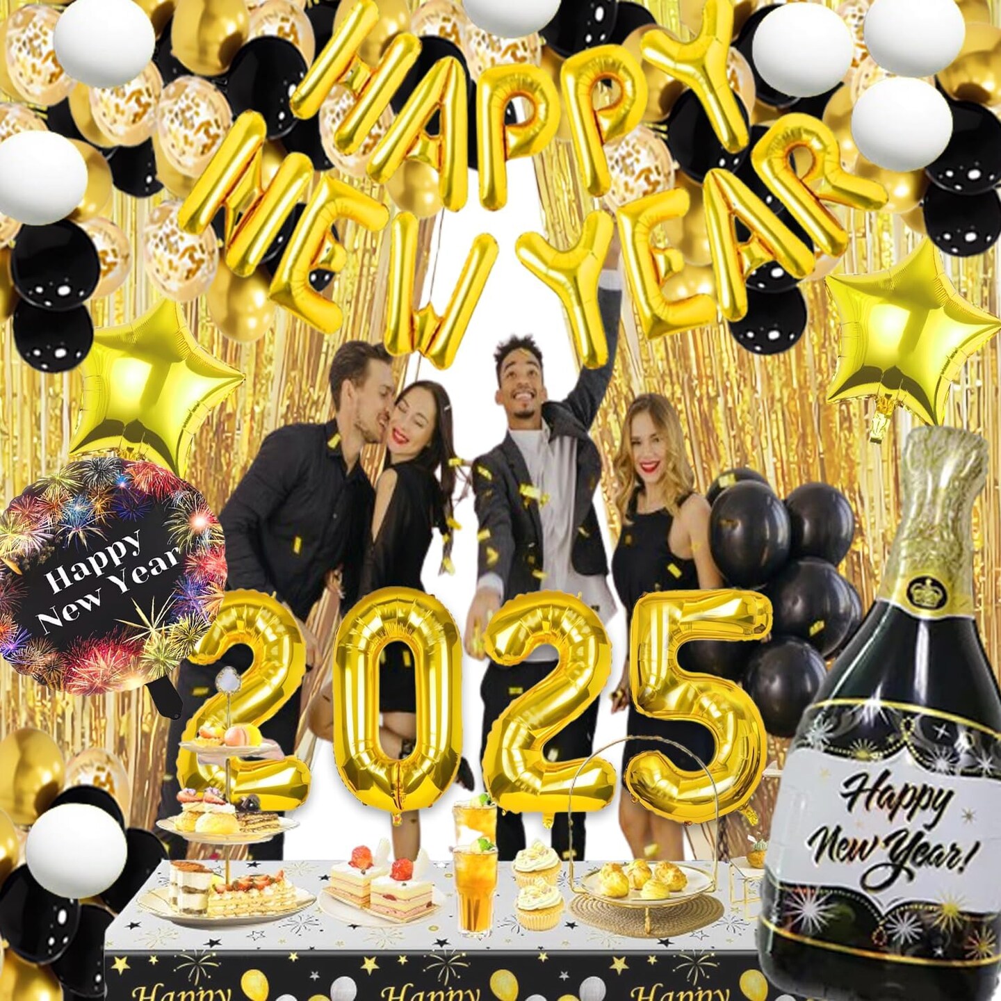 New Years Eve Party Supplies 2025 Happy New Year Decorations 2025 Balloons Party Set, 2025 New Years Decorations with Happy New Year Foil Banner, Latex Balloons, Curtains Backdrop for NYE Decorations