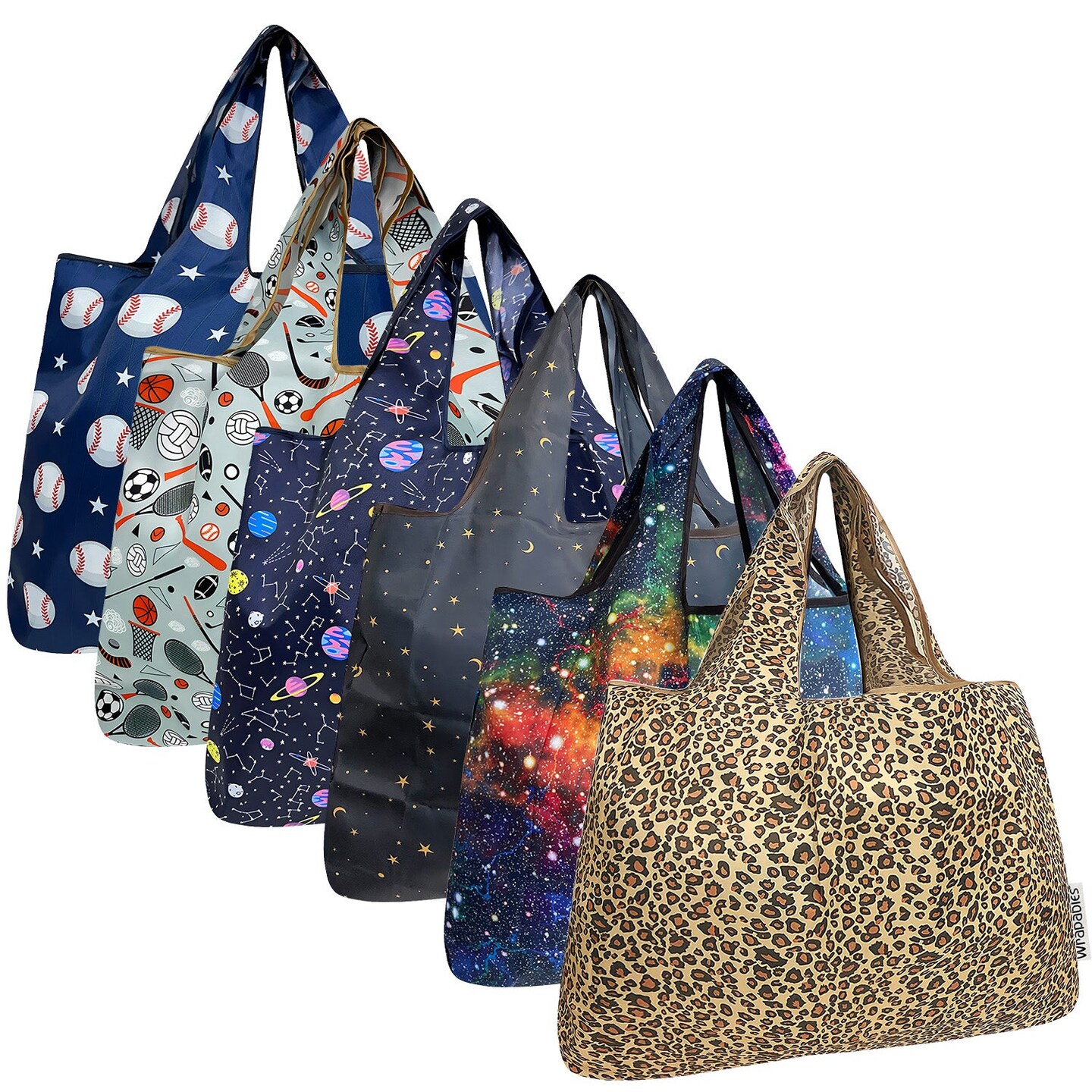 Wrapables Large Foldable Tote Nylon Reusable Grocery Bags, 6 Pack, Cosmic Dreams