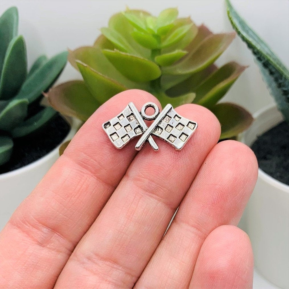 4, 20 or 50 Pieces: Silver Checkered Flag Racing Charms