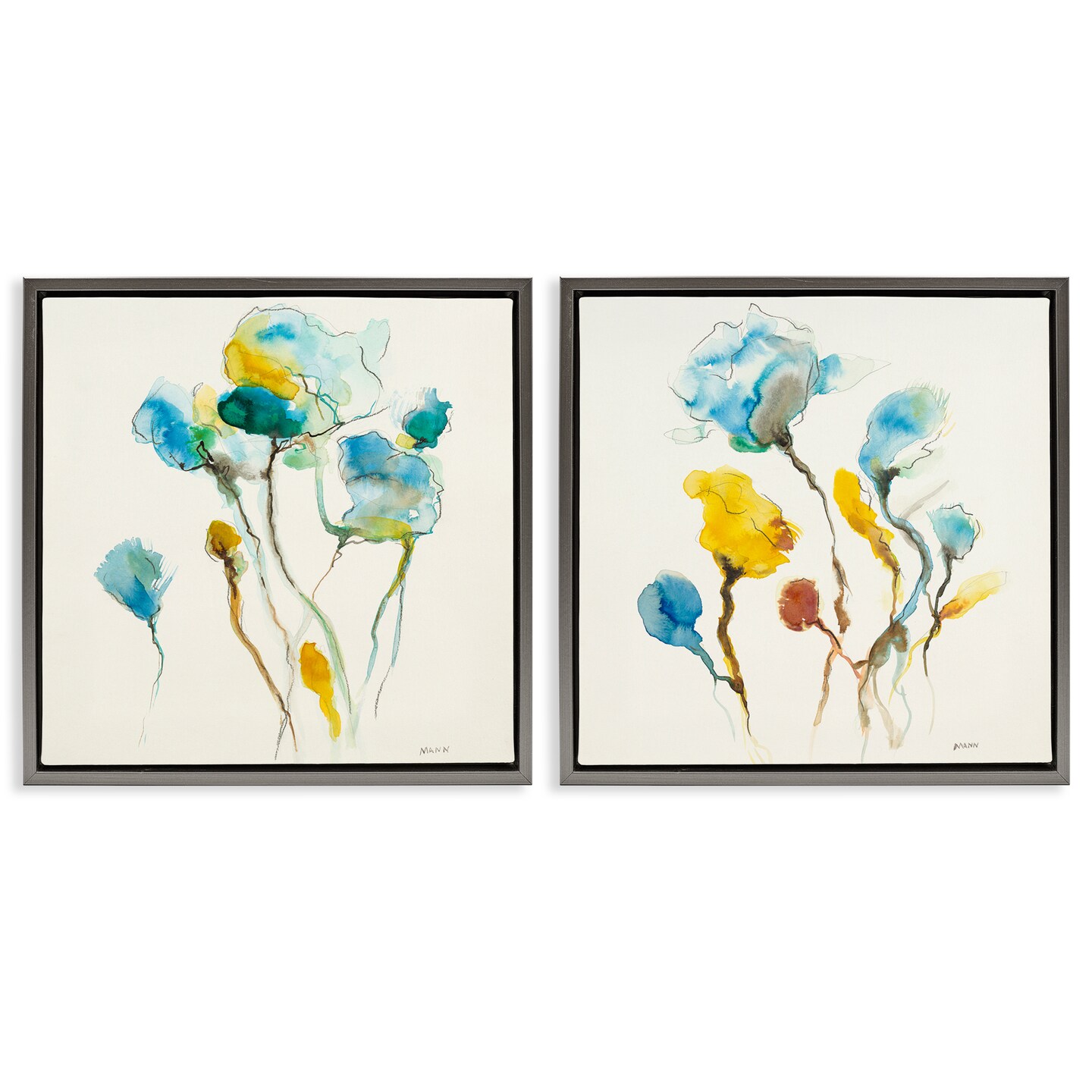 Stupell Industries Watercolor Teal & Yellow Flowers 2 pc Framed Floater Canvas Wall Art Set Design by Patti Mann
