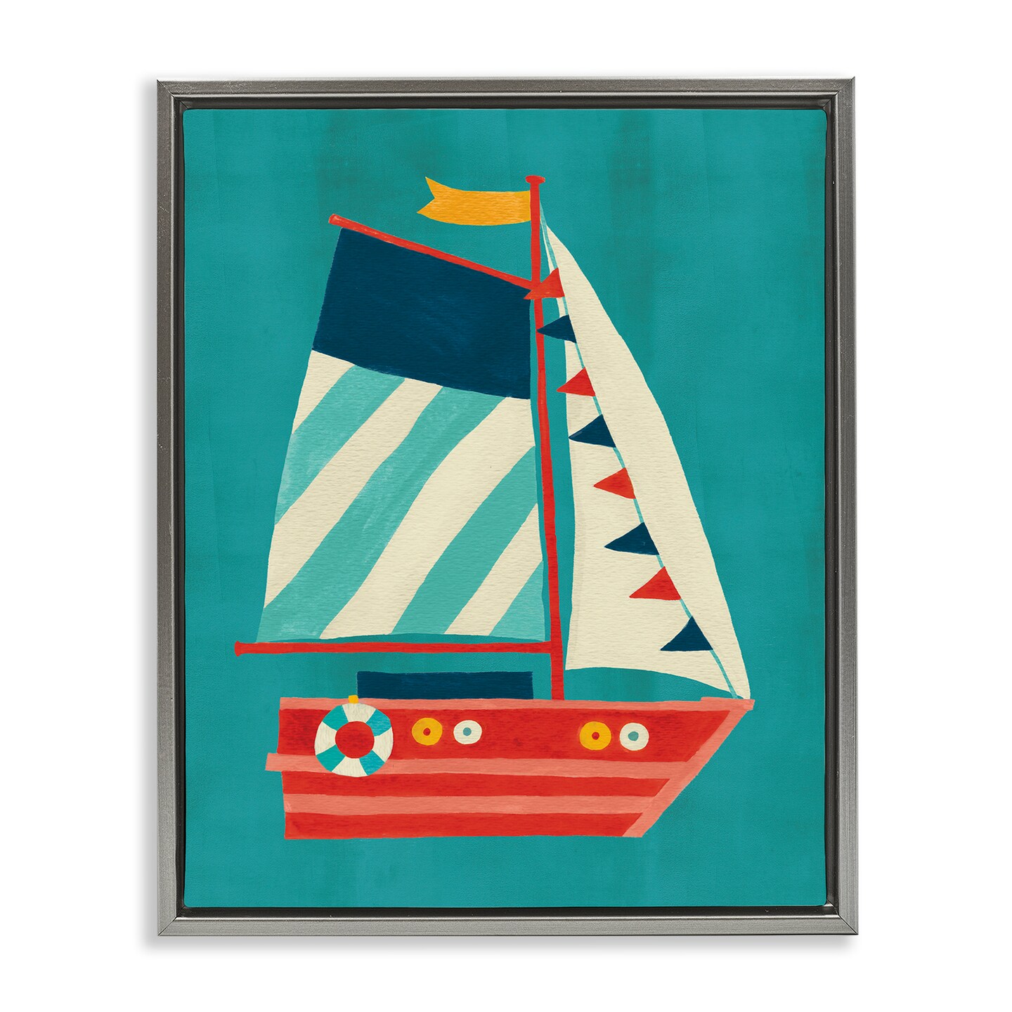 Stupell Industries Striped Sailboat on Blue Framed Floater Canvas Wall Art Design by Irene Chan