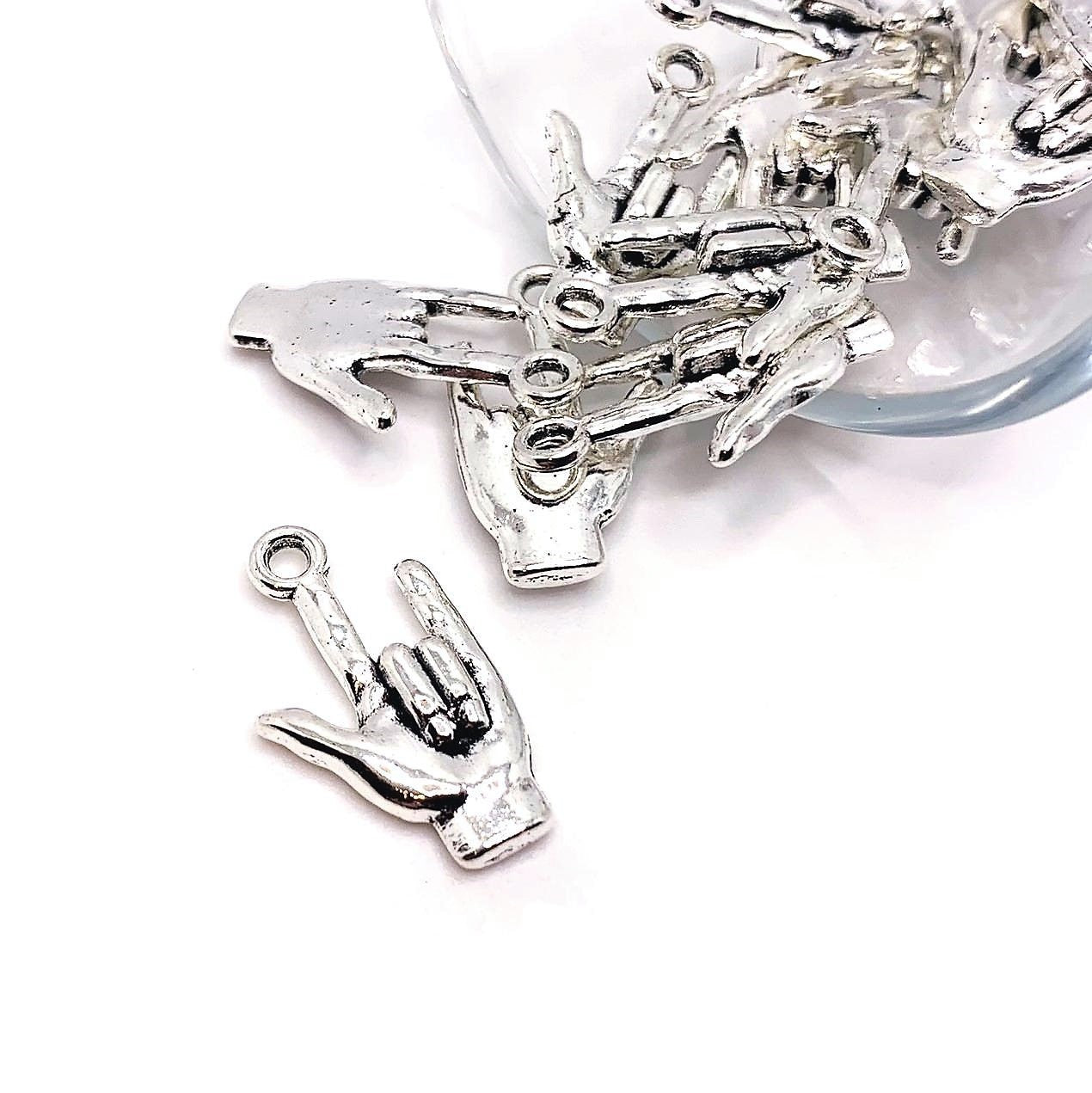4, 20 or 50 Pieces: Silver ASL I Love You Sign Language 3D Charms