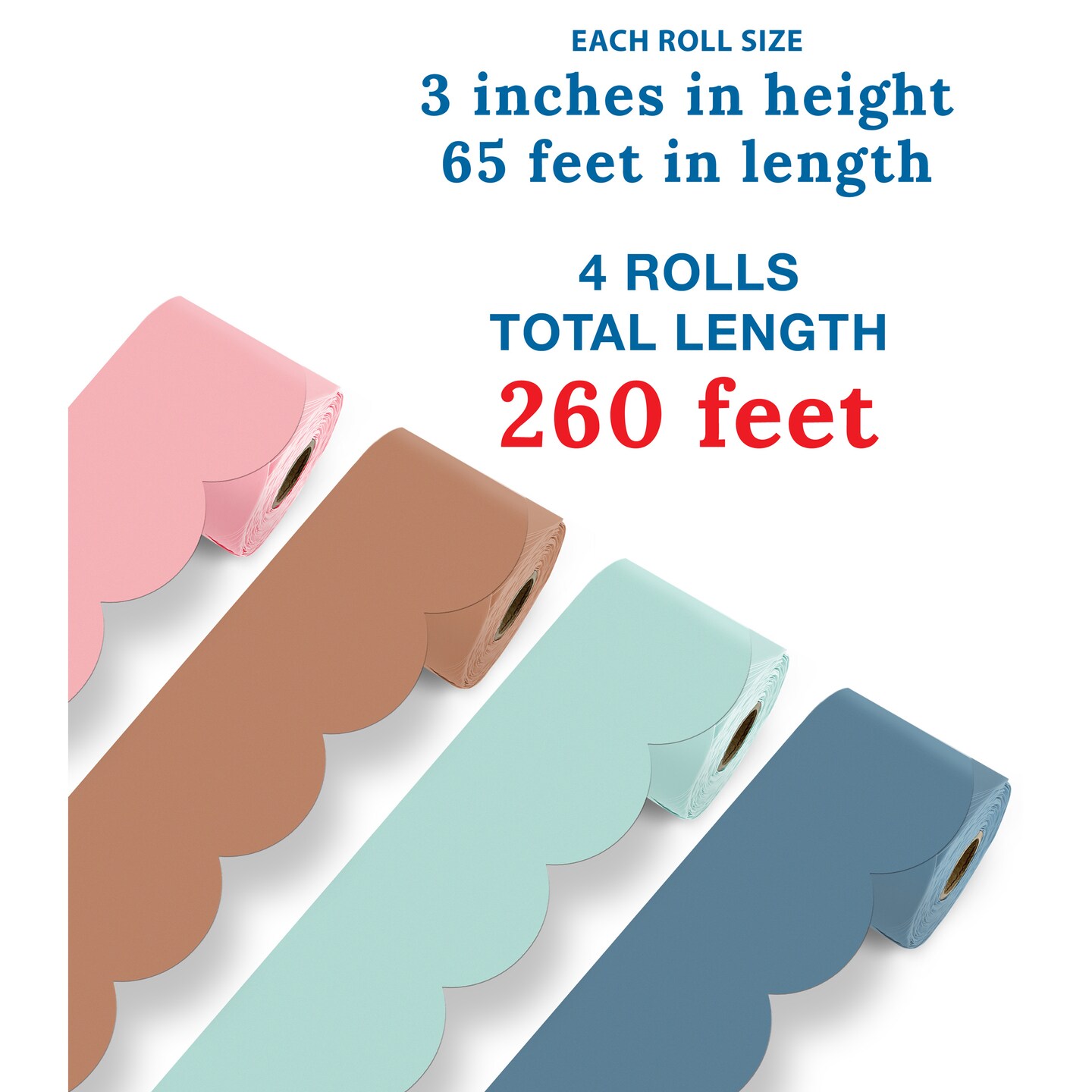 Carson Dellosa 260Ft Rolled Modern Boho Bulletin Board Border Set, 4 Pack of Scalloped Border Trim, Brown, Blue, Green and Pink Bulletin Board Borders for White Board, Cork Board, Boho Classroom D&#xE9;cor