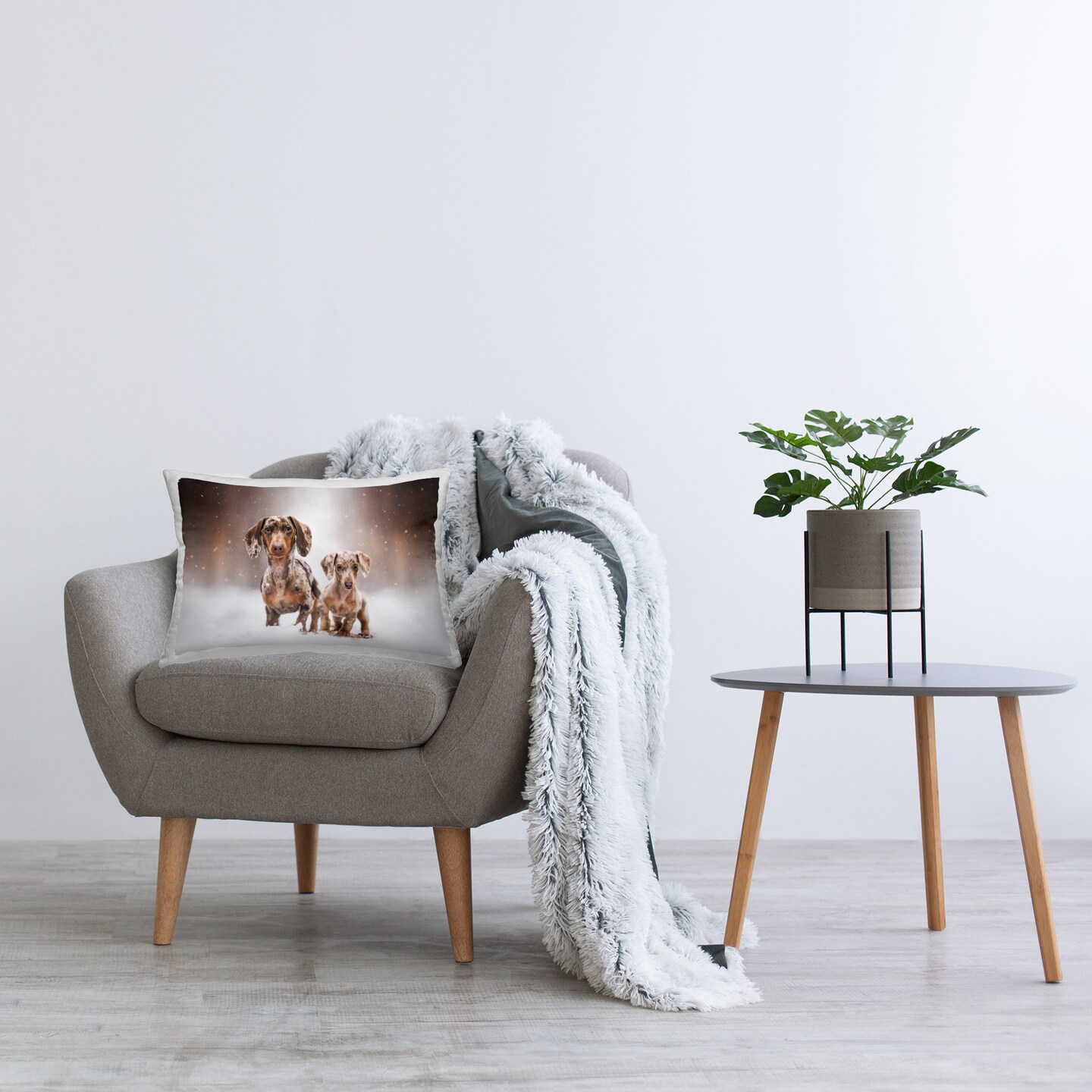 Snowy Dachshund Puppies Design by Natalie Grosse Throw Pillow
