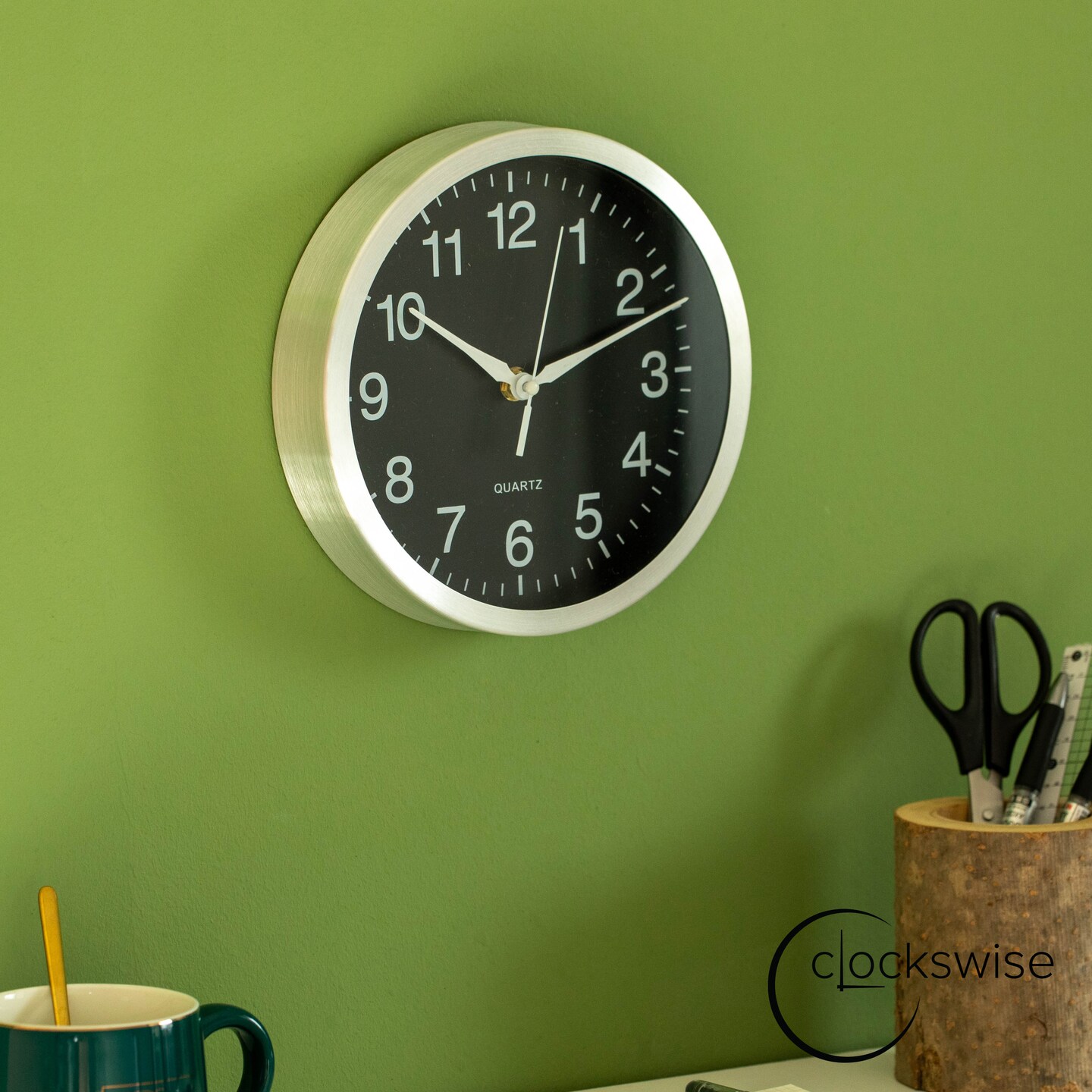 Clockswise Round Quartz Wall Clock Non-Ticking Battery Operated with Silent Sweep Movement, Aluminum Silver Frame, Perfect for Home Kitchen Office Living Room Study Hallway Classroom, Black Face