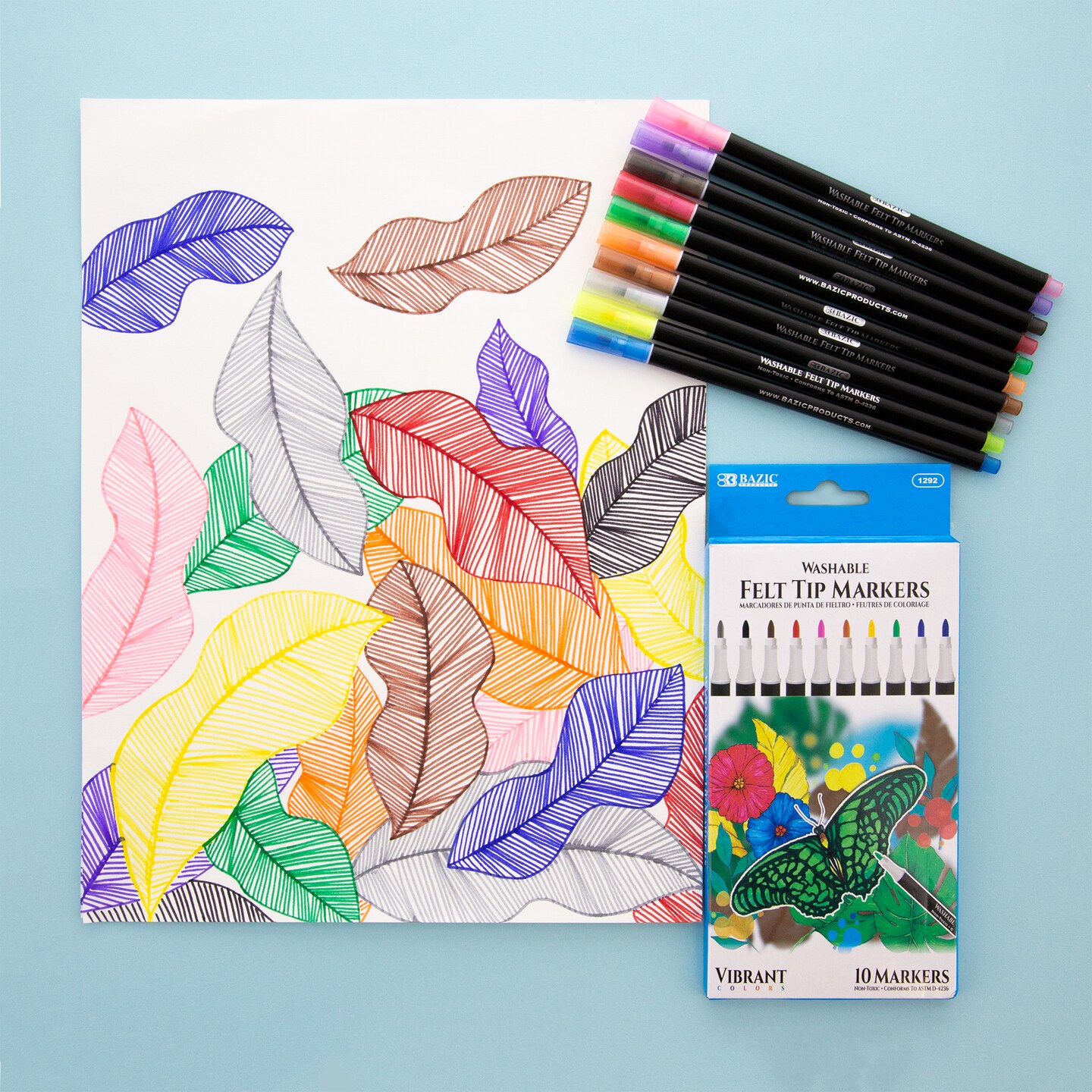 BAZIC Felt Tip Washable Markers 10 Colors
