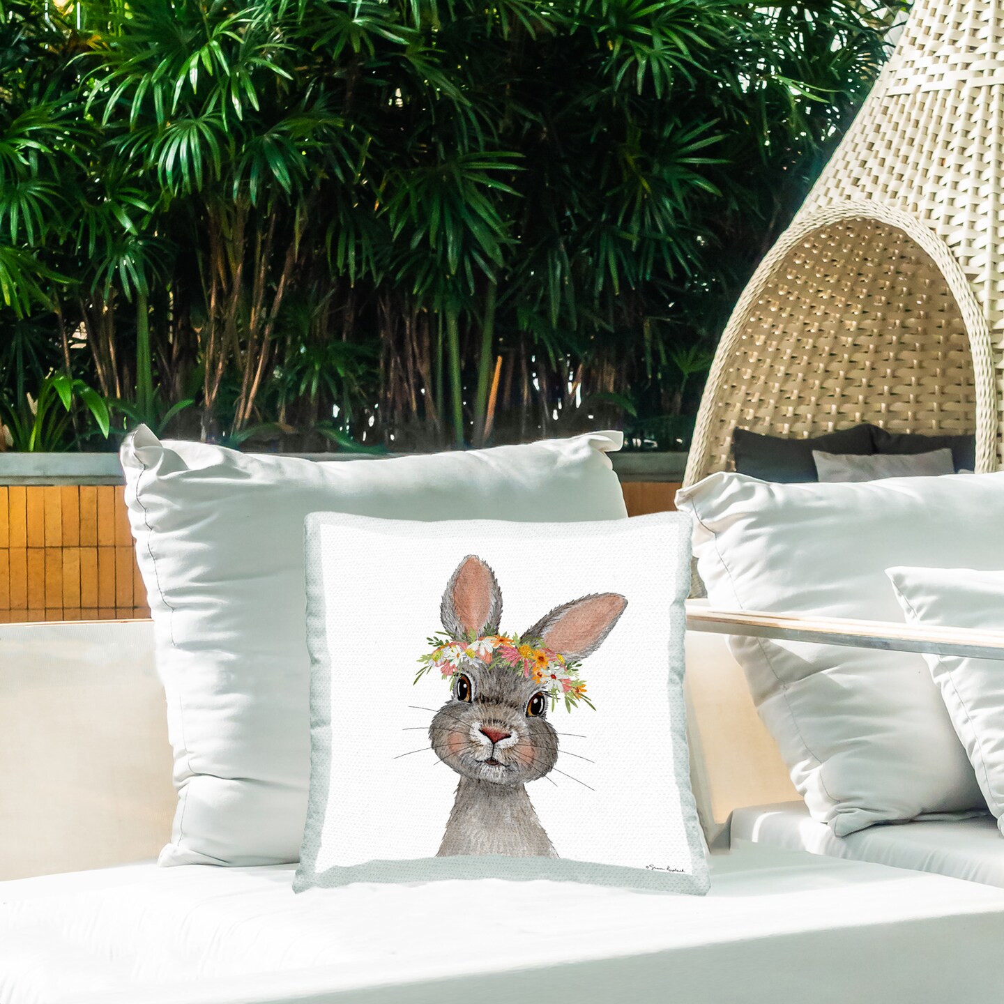 Grey Floral Rabbit Design by Sharon Kuplack Outdoor Printed Pillow