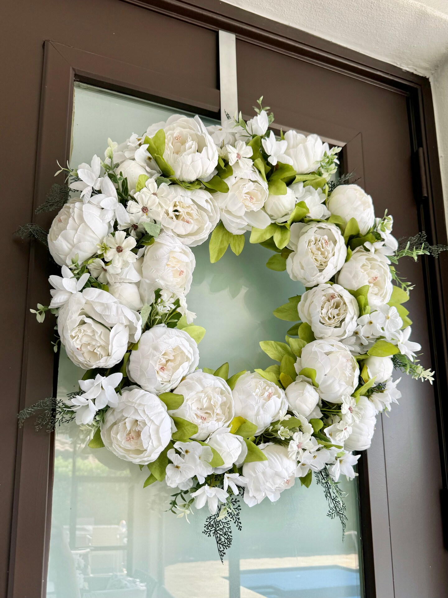 Zoey White Green Faux Peony Flower Wreath 23&#x22; All Season Indoor Outdoor