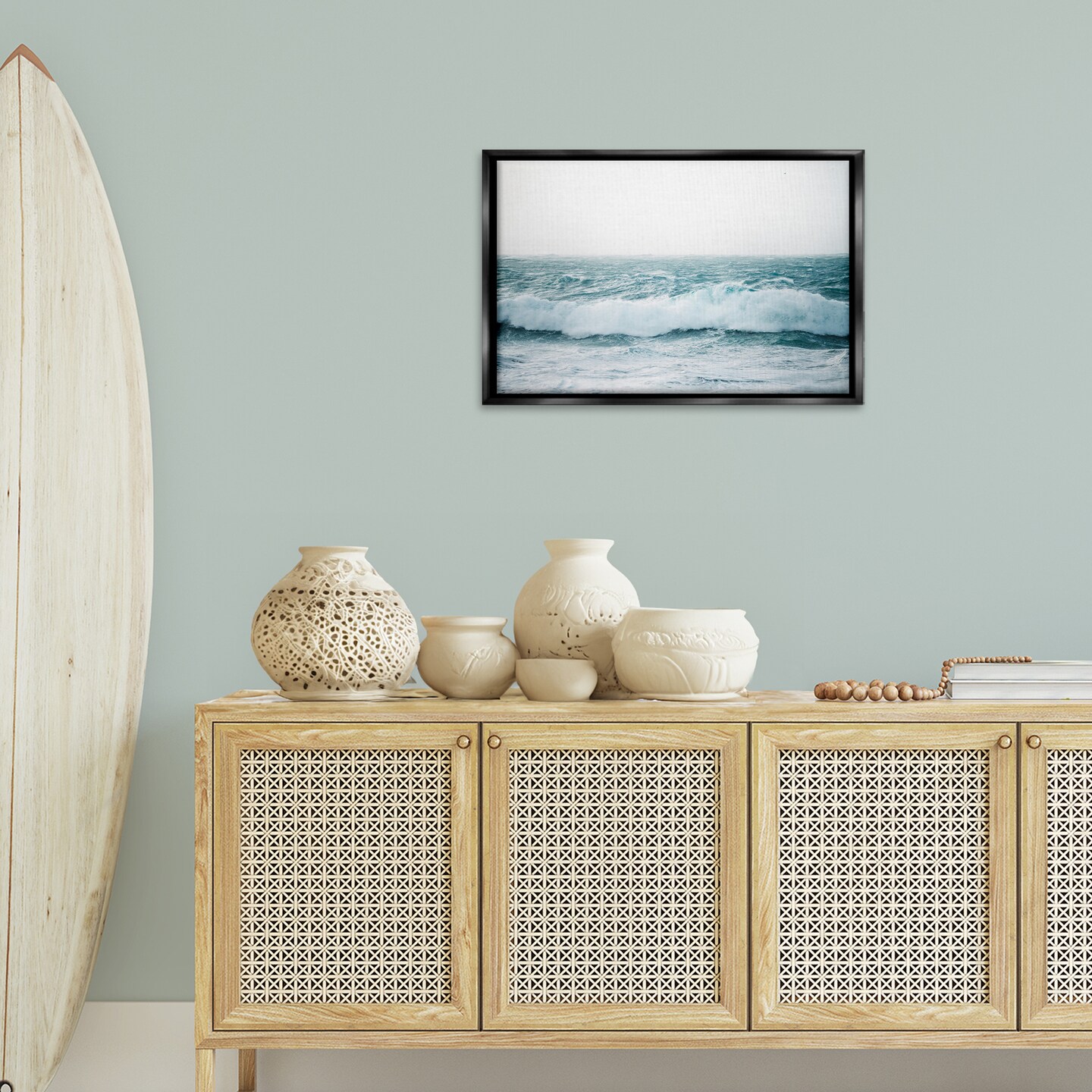 Stupell Industries Beach Waves Horizon Framed Floater Canvas Wall Art Design by Nataly White
