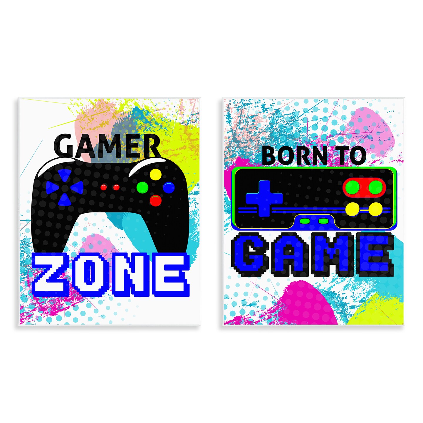 Stupell Industries Gamer Zone Splash Remote  2 pc Wall Plaque Art Set Design by Kim Allen