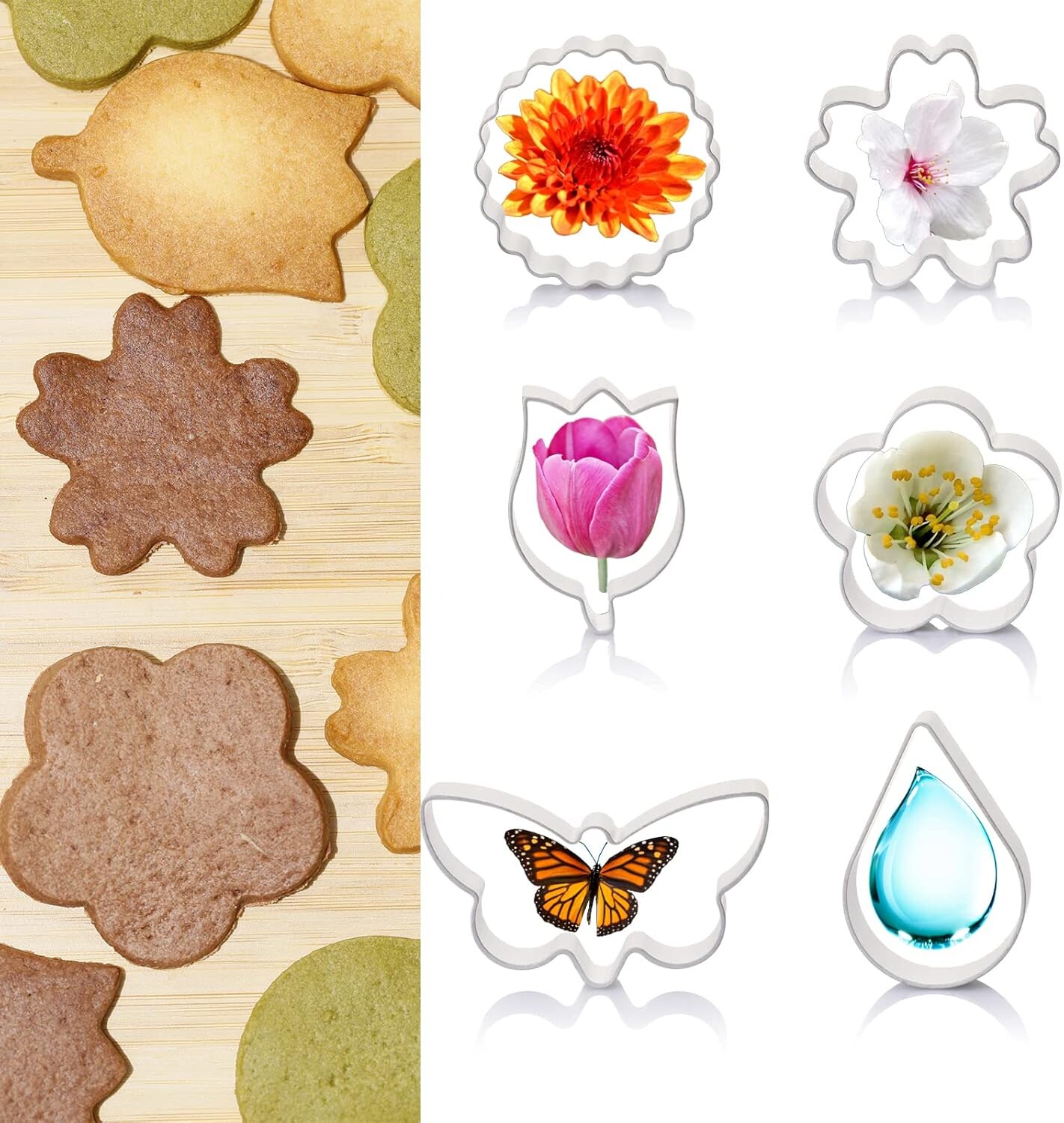 Flower Cookie Cutter Set 6 Piece Chrysanthemum Tulip Cherry Blossom Plum Blossom Butterfly Water Drop for Baking &#x26; Gifts