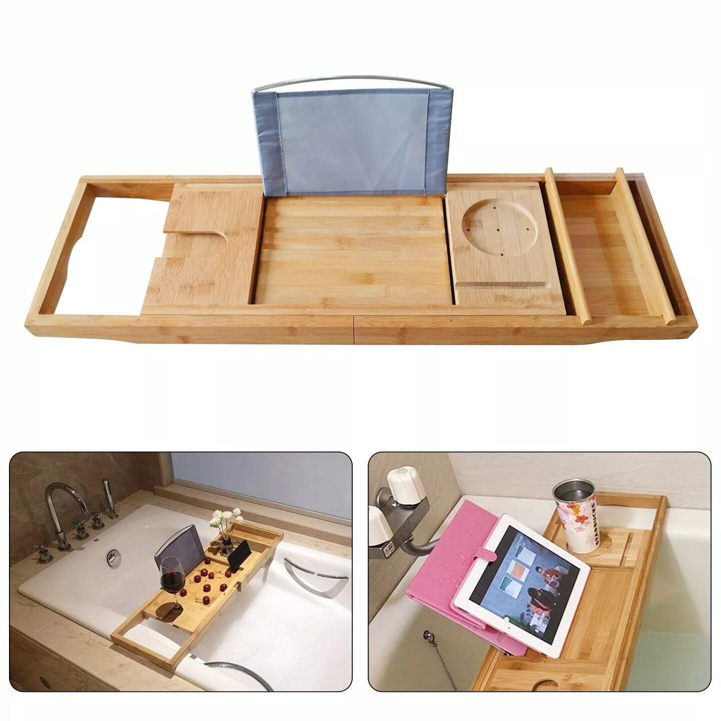 Bathtub Caddy Tray Bamboo Bath Tray Table Rack Tablet Phone Books Holder Shelf