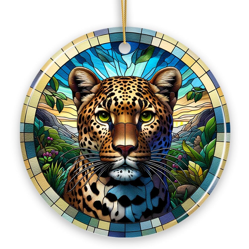 African Leopard Expedition Stained Glass Style Ceramic Ornament Safari Animals Christmas Gift and Decor